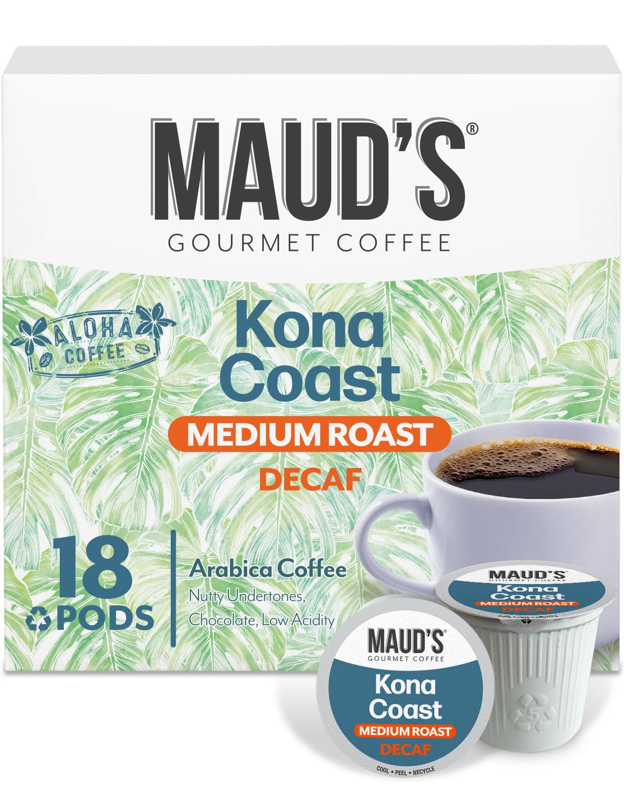 Decaf Kona Coffee Pods, 18 ct, Decaffeinated Medium Roast Coffee in Recyclable Single Serve Pods – 100% Arabica Coffee, Compatible with Keurig K Cups Maker