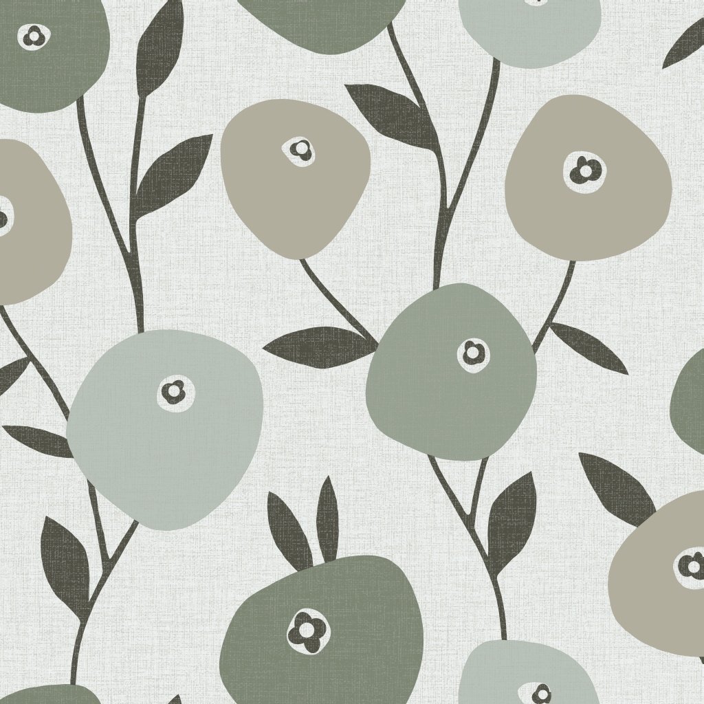 Reflections, Non-Woven Wallpaper Retro Flowers Minimalism Brown, Olive and Lime Green Zartbeige
