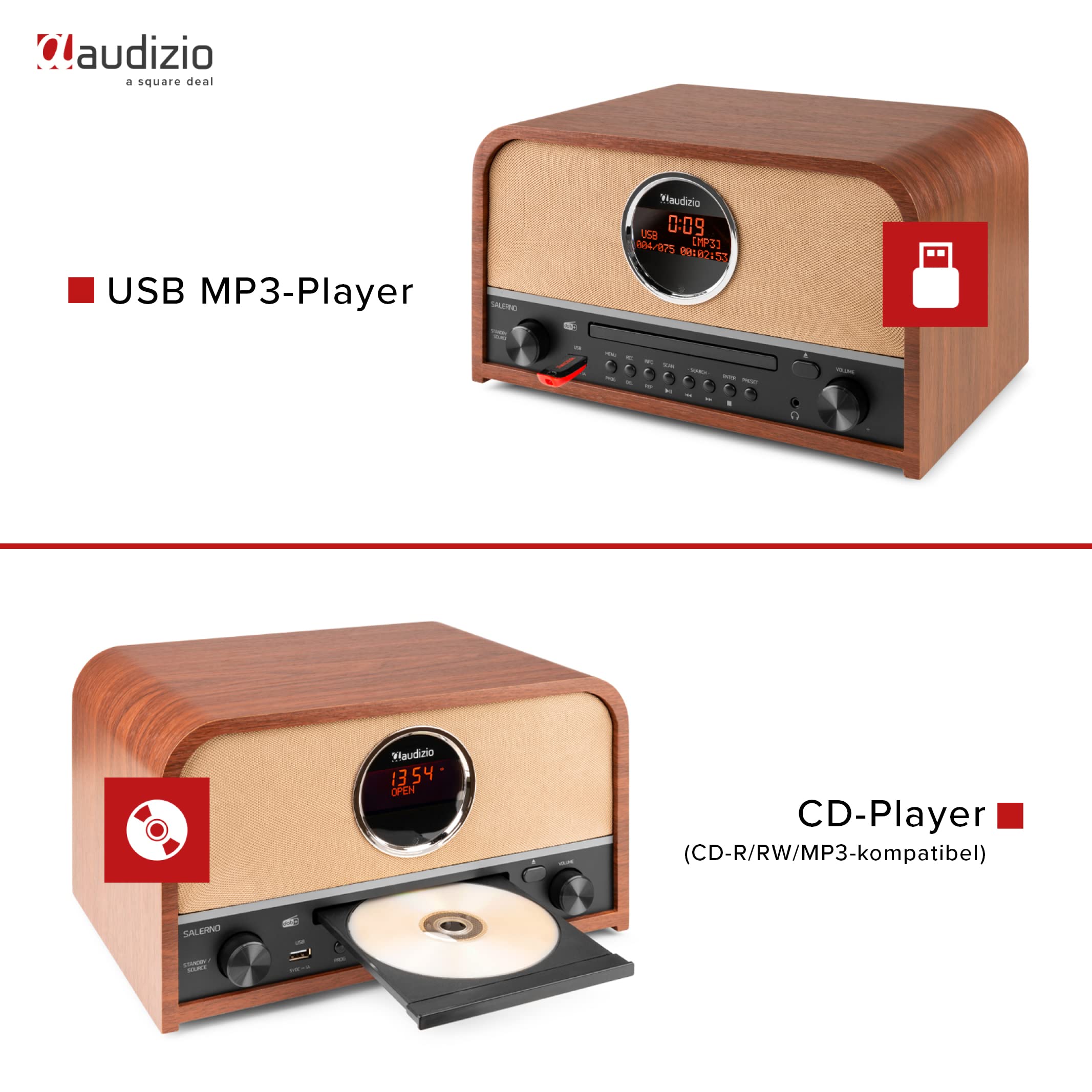 Audizio Salerno - Dab Radio Tuner, stilvolles Retro Radio mit kristallklarem Sound für EIN tolles Hörerlebnis, CD-Player, Bluetooth, USB, MP3, großes Display, Fernbedienung - Braun