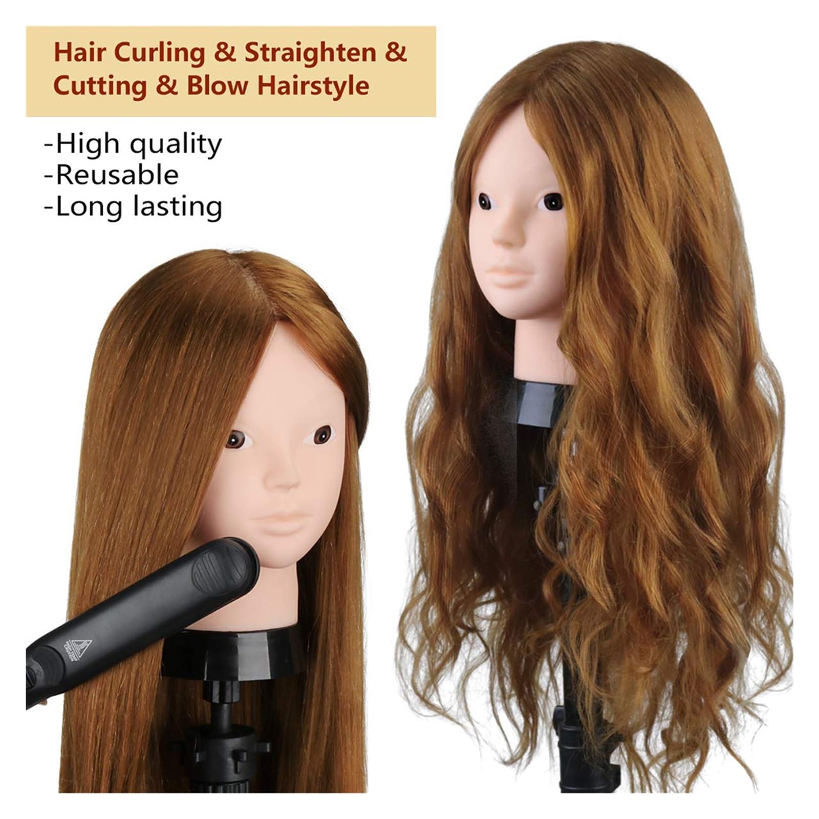 Mannequinkopf mit 85% Echthaar, 65 cm Trainingskopf für Flechten, Schneiden und Warmstyling (Light Brown)