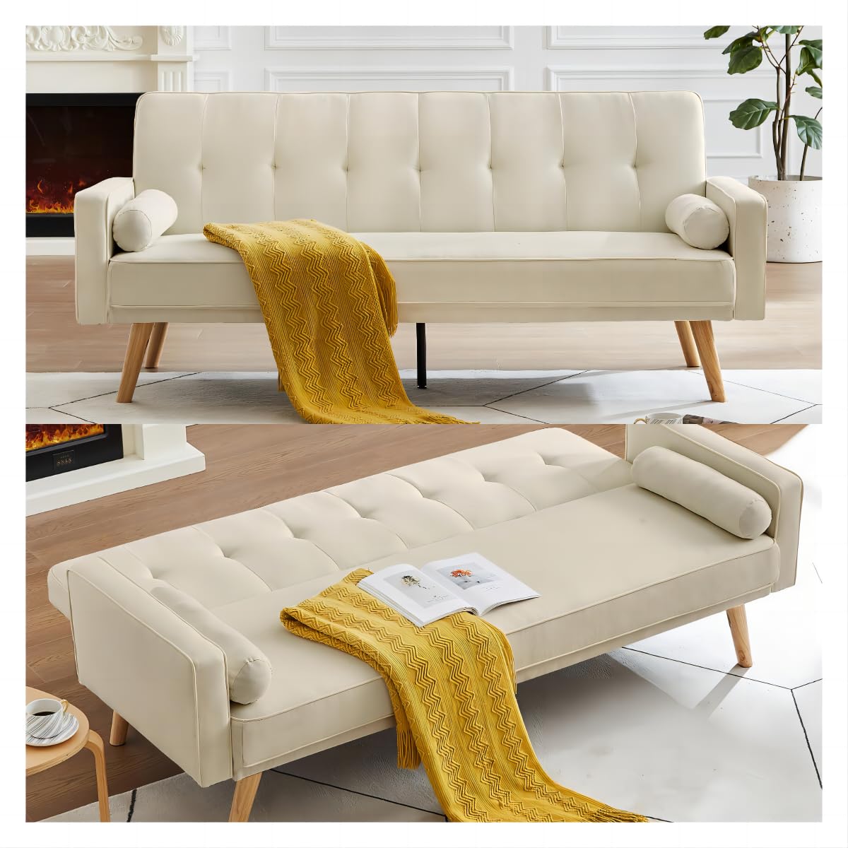 UFINEGO Futon Couch Sofa Bed with 2 Bolster Pillows Breathable Linen Touch Fabric Futon Couch Sofa Bed with Removable Armrests and Adjustable Positions,Beige