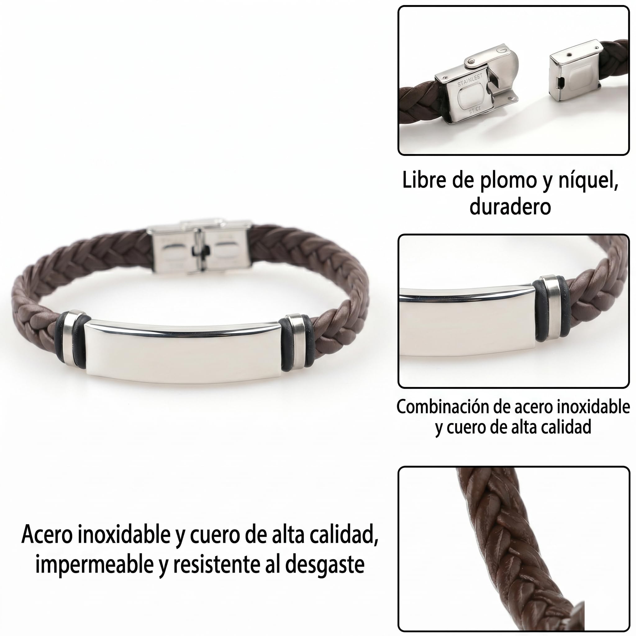 Pulsera Piel Trenzada Personalizable Hombre-Grabado Personalizado Nombre Fecha-Ajustable Cierre Seguro Acero Inoxidable-Diseño Elegante Regalo Original Pareja Amistad Cumpleaños Navidad