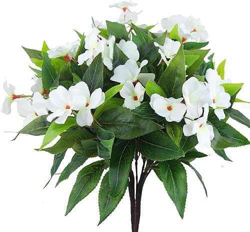 2 piezas de flores artificiales de impatiens para exteriores, arbustos de impatiens sintéticos, flores de seda blanca, ramo de impatiens