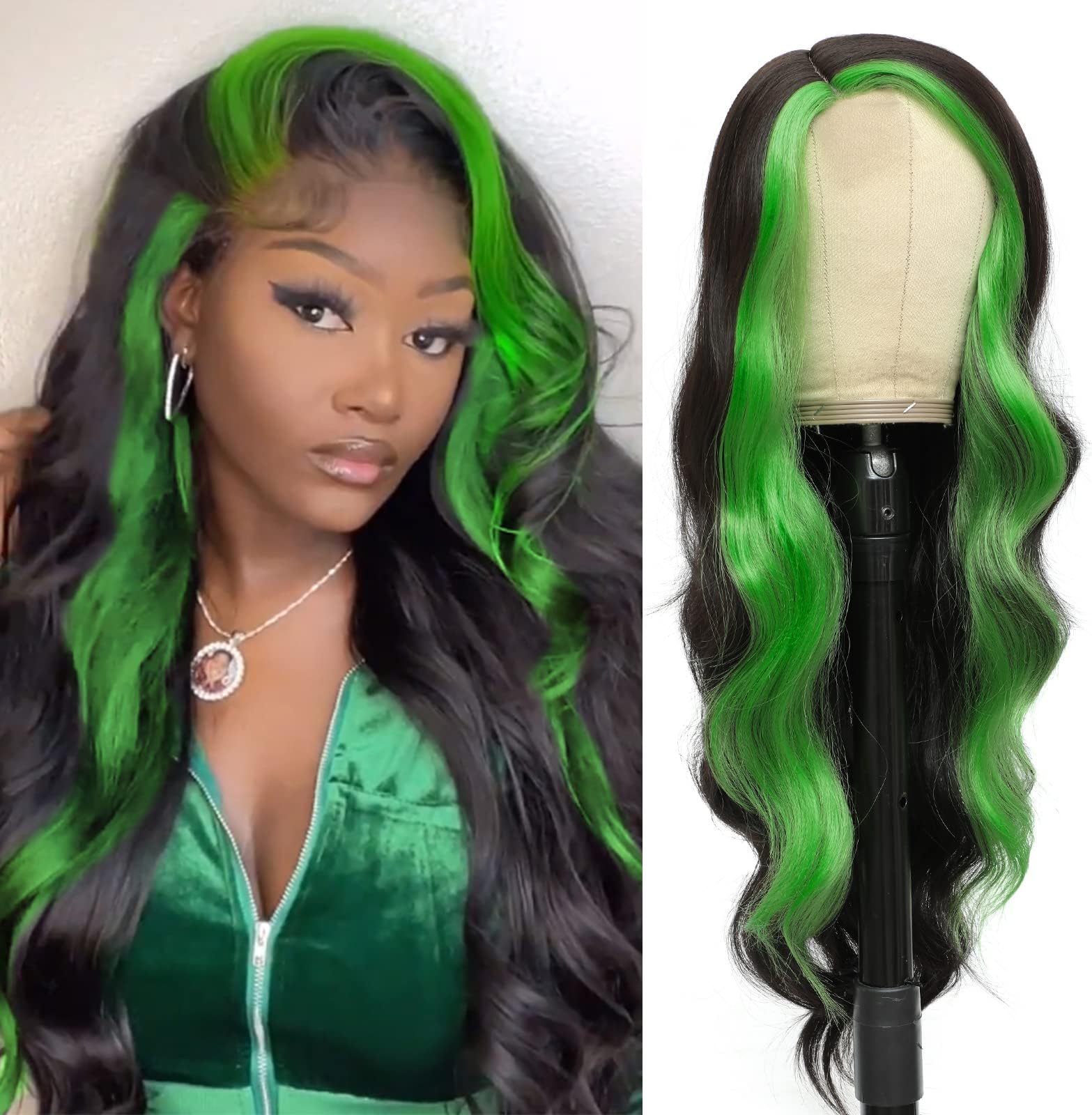 xccoco 30" Long Wavy Highlight Wigs Skunk Stripe Body Wave Synthetic Lace Wig Side Part Black Wig with Green Streaks Highlighted Wig for Women