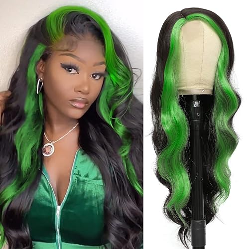 xccoco 30" Long Wavy Highlight Wigs Skunk Stripe Body Wave Synthetic Lace Wig Side Part Black Wig with Green Streaks Highlighted Wig for Women - 30 Inch - Natural Color&Green