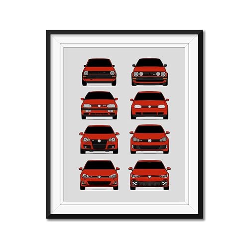 Volkswagen Golf GTI Generations Inspired Car Poster - Handmade Print of VW GTI (Car Models MK1 to MK8) - Red, 8x10" Satin Print (Unframed) - Perfect