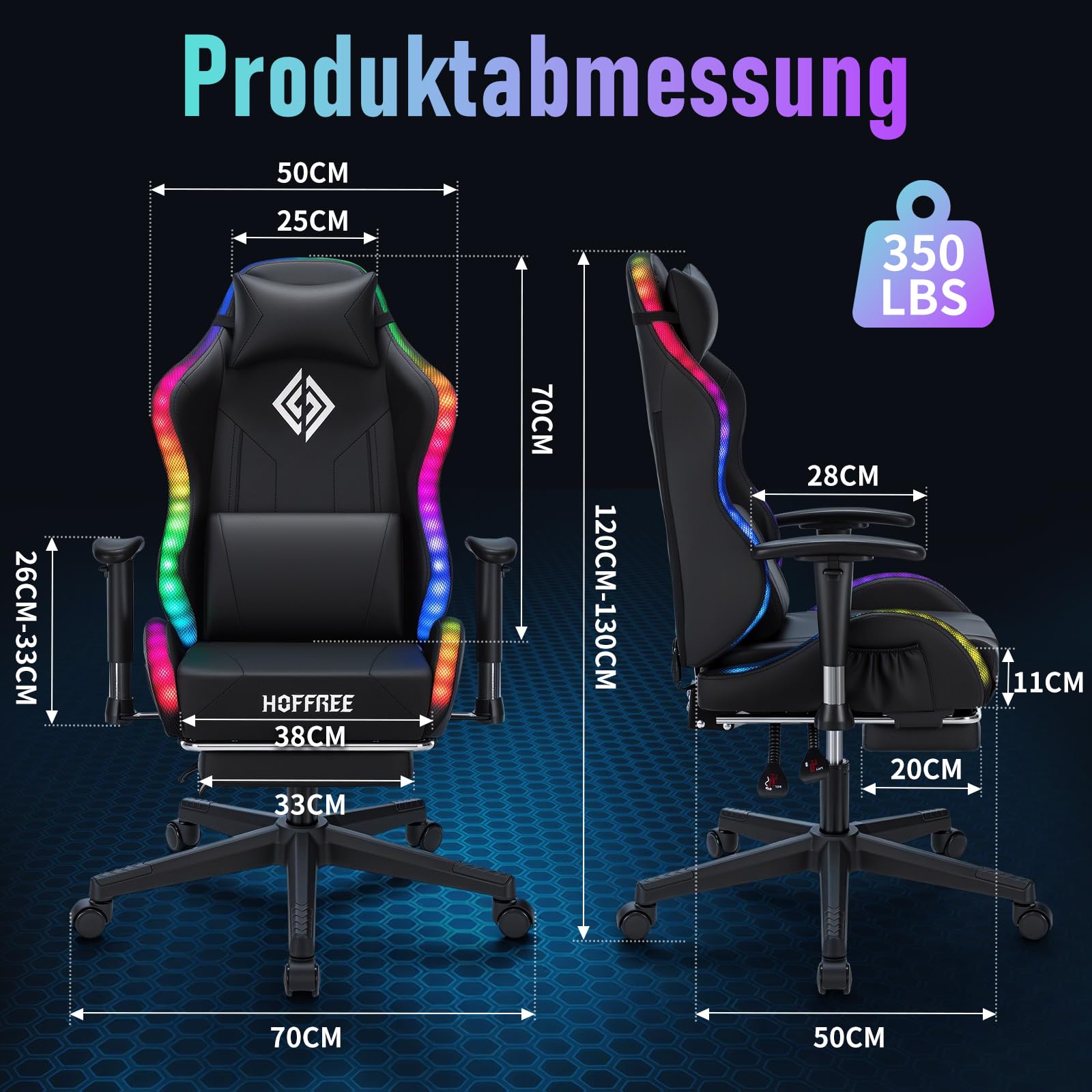 LED Gaming Stuhl für Kinder 155° Computer Stuhl mit RGB Lichter-Schwarz | Liegestühle mit Fußbrett;Ergonomischer Gaming Sessel für Teenager 6-15;PC Gamer Stuhl mit Lumbalstütze für Gaming und Lernen