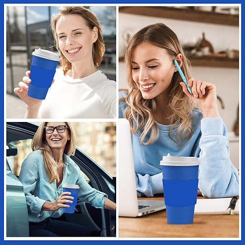 Miniatura 7 de Juego de 48 tazas de café desechables color azul marino con tapas y fundas de 16 onzas, tazas de café de papel, tazas para bebidas a granel para