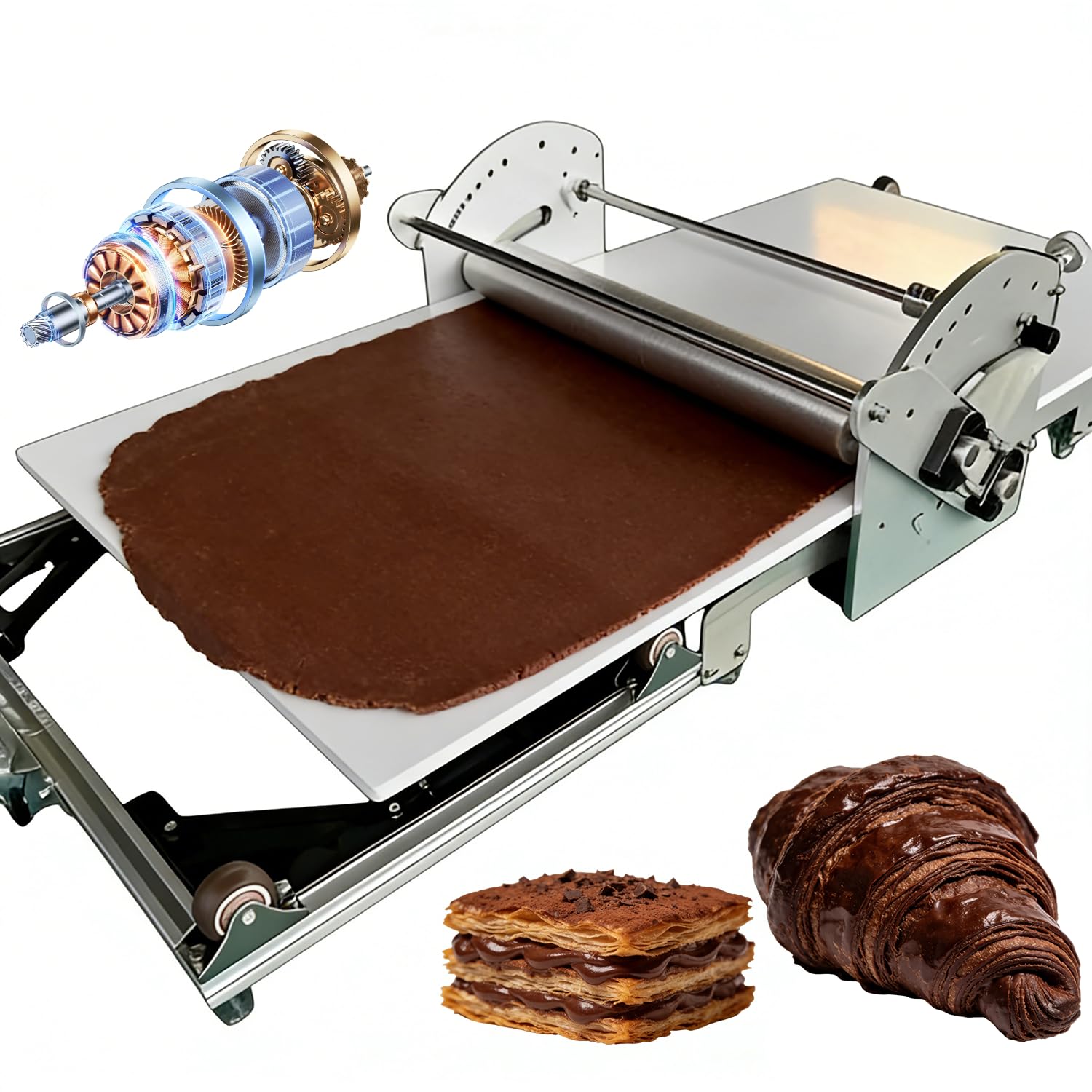 Laminadora de Masa eléctrica para hogar y pequeñas panaderías, máquina laminadora de Mesa 40", Espesor Ajustable, Rodillos con Giro inverso automático, Acero Inoxidable 304, Plegable