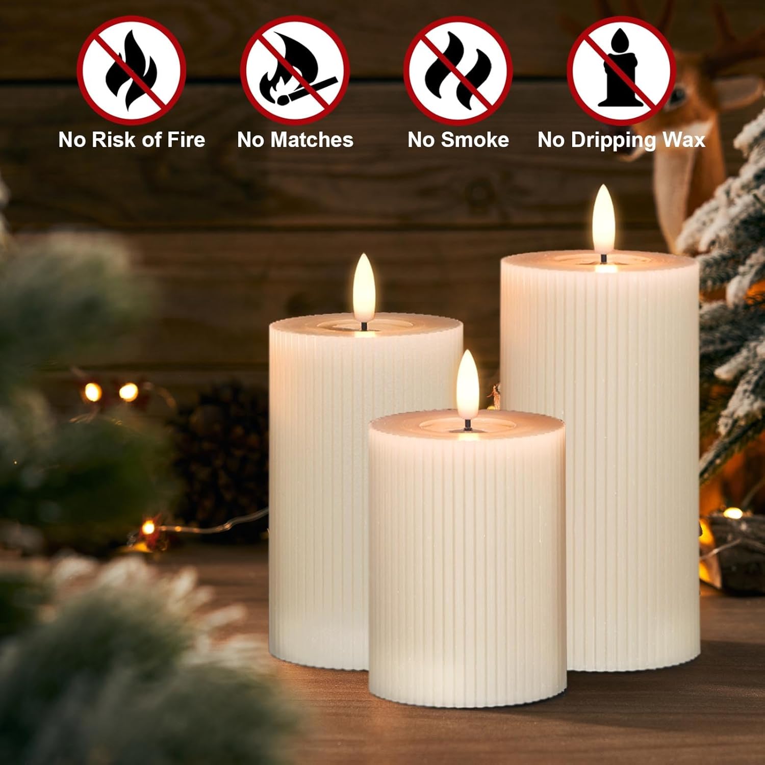 DRomance Battery Operated Flameless Candles with 6 Hour Timer 3 Pack Real Wax Vertical Stripe 3D Wick Flickering LED Pillar Candles Dinner Wedding Christmas Holiday Decor(Beige, 3" D x 5", 6", 7" H)