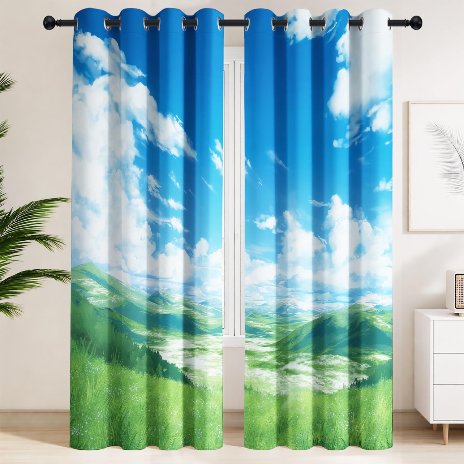 Rideaux Occultants Esthétique Couleurs Douces, Paisible 140L X 180H cm Ciel Bleu, Collines, Nuages duveteux – Isolation Thermique et Protection de l'Intimité, 2 Panneaux pour Chambre d'Enfant