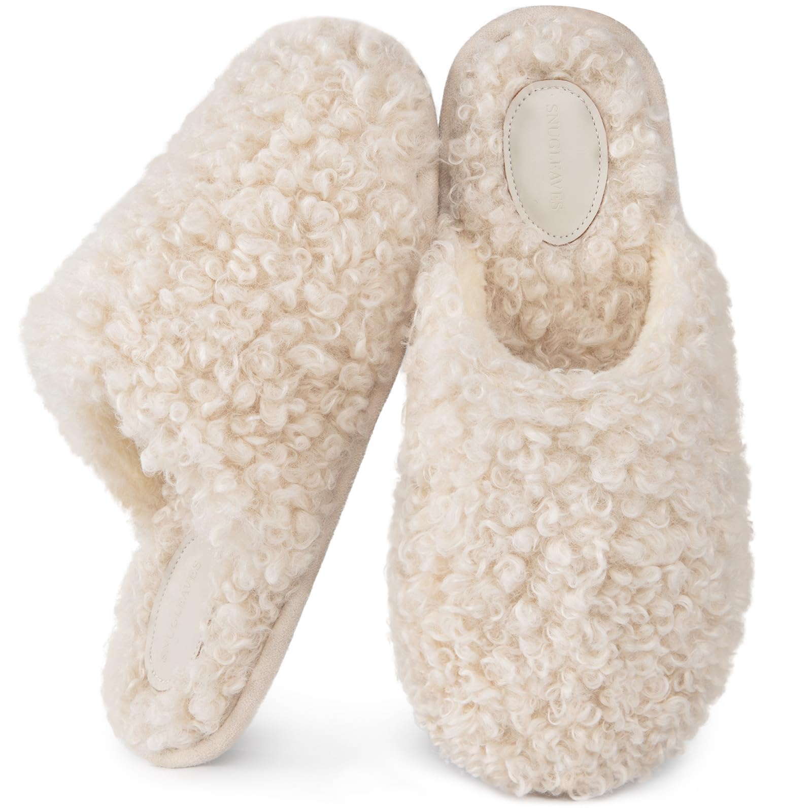 Snug Leaves Women's Scuff Slippers Furry Cute Curly Faux Wool Slip-on Indoor Memory Foam House Shoes 9-10 Cream White