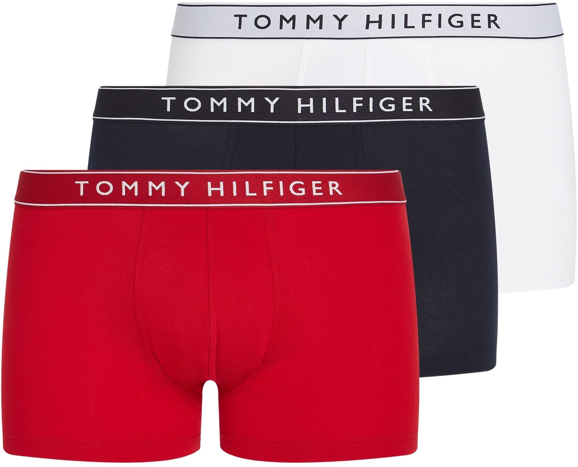 Tommy Hilfiger Men’s 3 Pack Trunks with Logo Waistband, Multicolor (Th Wht/Med Red/Dsrt Sky), L