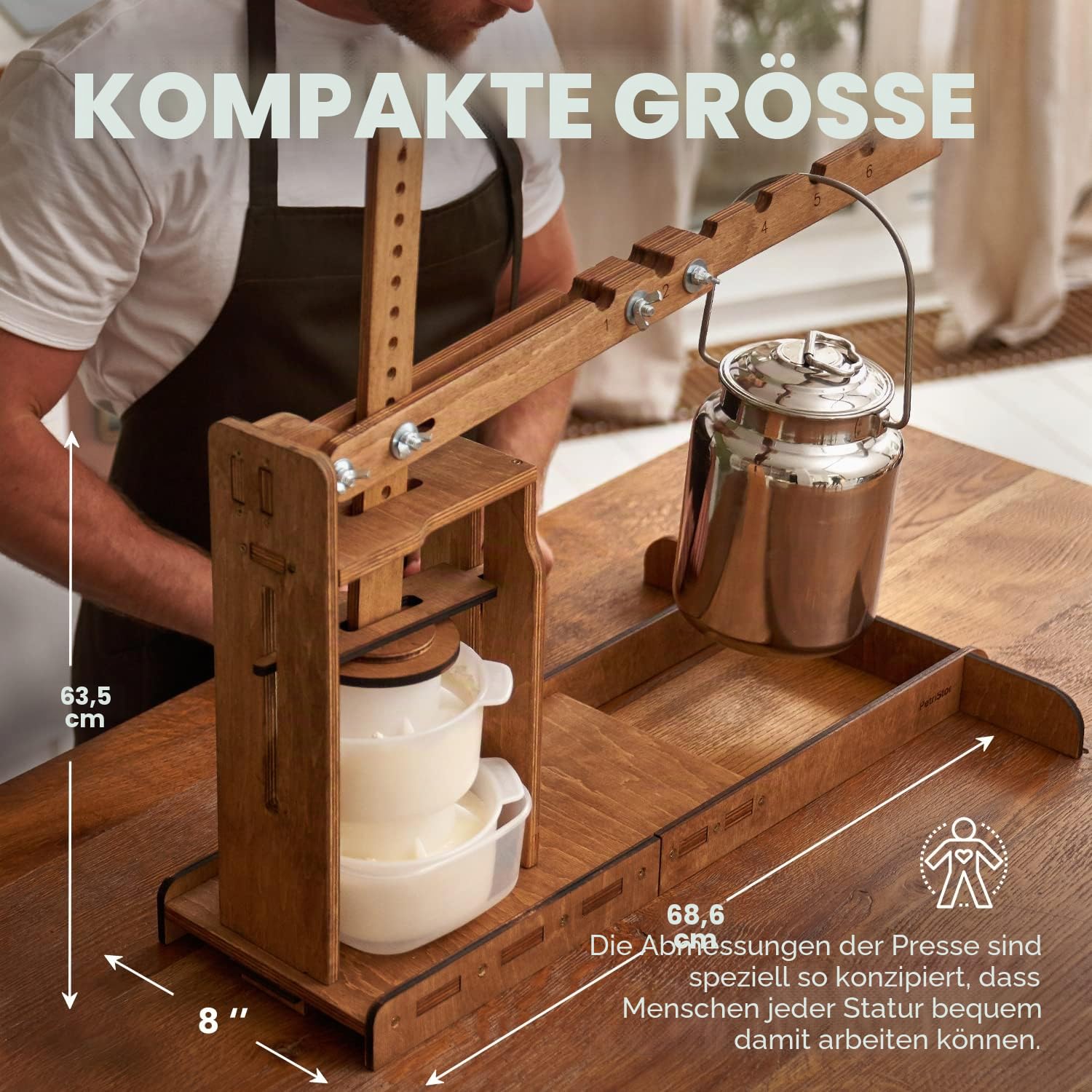 Niederländische Käsepresse aus Holz – Käseherstellungs-Set (Holz-Käsepresse mit Hebel und 2 Käseformen, 1,2 l), Käsepresse für Zuhause, Käseherstellung Druck bis zu 90 kg - Dutch Cheese Press