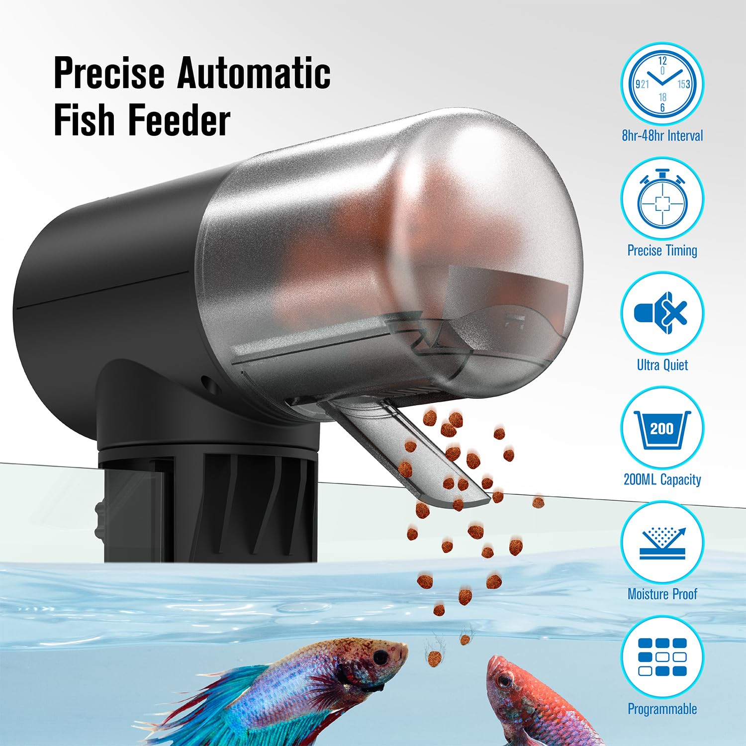 Distributore Automatico di Cibo per Pesci | 4 timer programmabili | Alimentatore Automatico per Acquario | Accessorio per Acquari | Nero