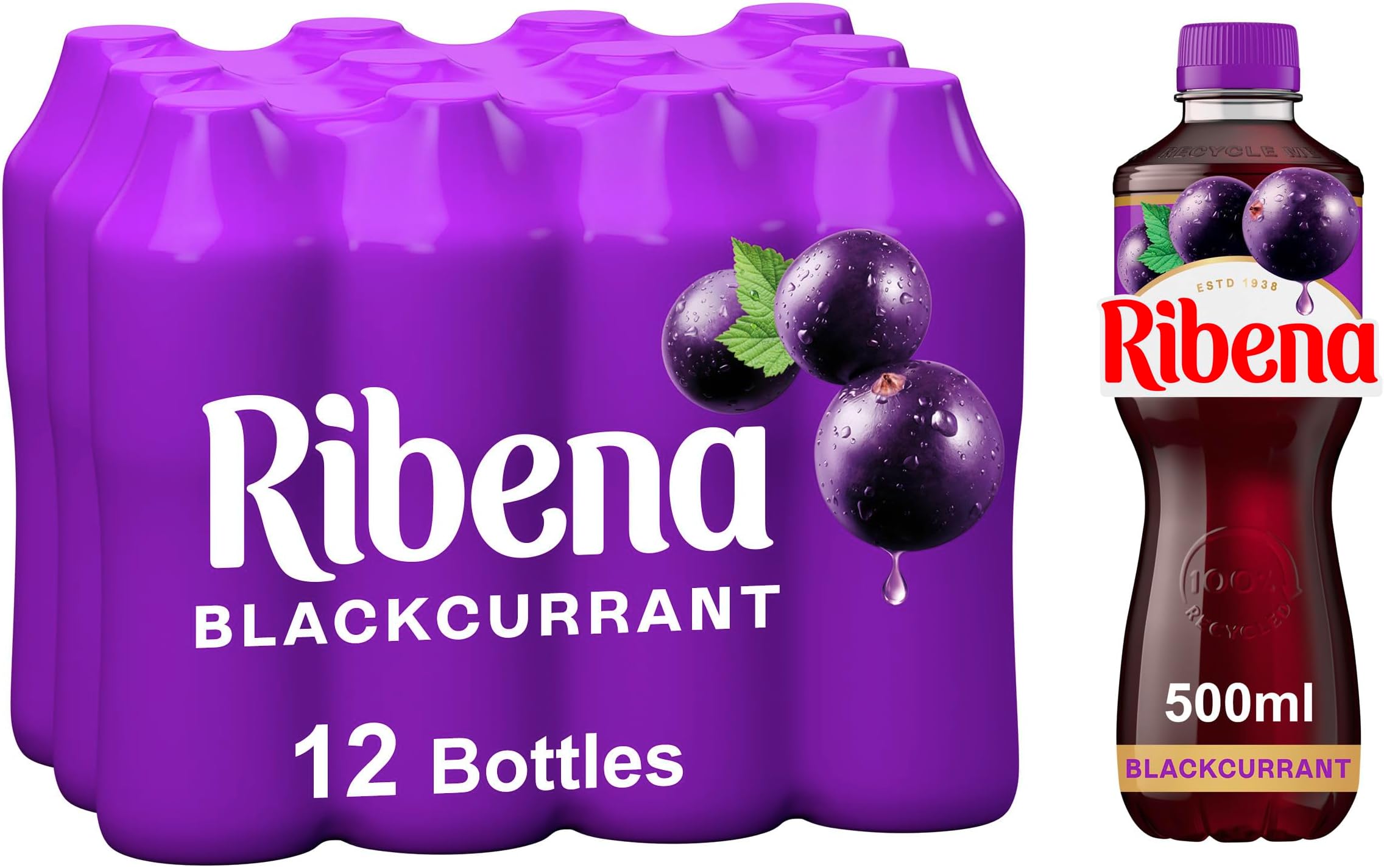 Ribena Blackcurrant Juice Drink 500ml - Multipack of 12 | Real Fruit | Rich In Vitamin C | No Artificial Colours or flavous | Fruity Refreshment | Ready To Drink | 100% Recycled