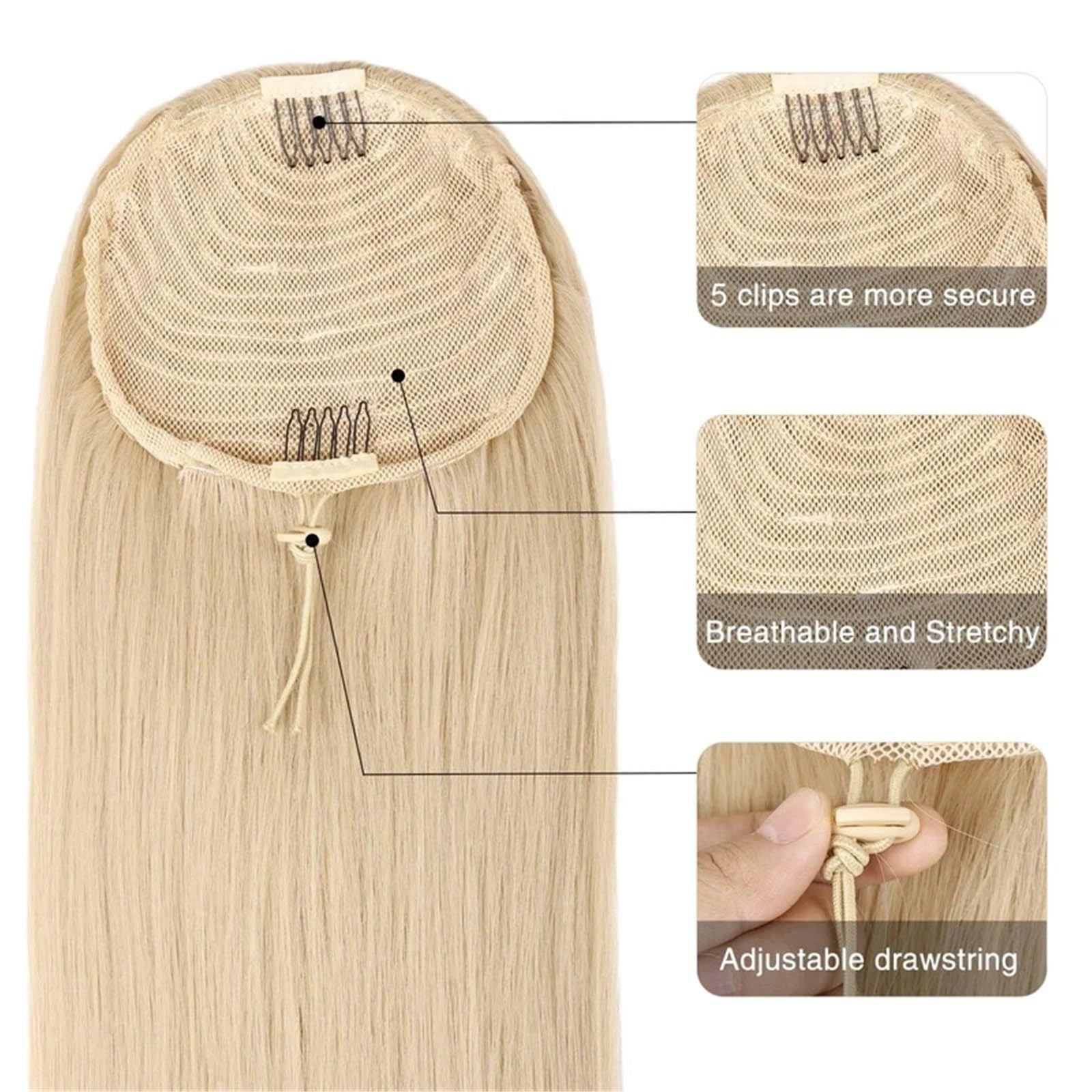Natural Extensión de cola de caballo rubia con cordón, 100% cabello natural for mujer #613 Aspecto perfecto(16inches)