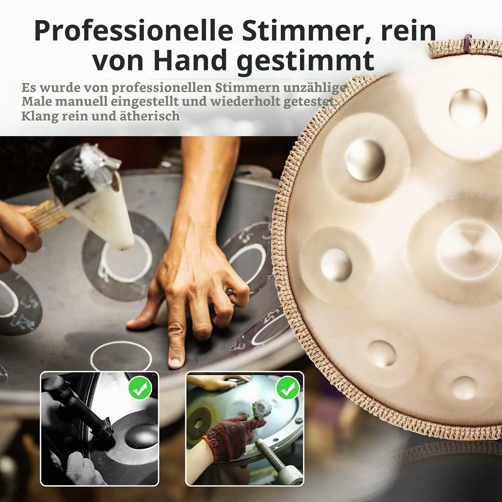 Handpan 440 Hz, 9 Töne 22 Zoll Steel Handpan Instrument, "Gold Performer" in D Minor Zungentrommel, mit Handpan Weicher Tasche, Schlägeln, Handtrommelständer Für Anfänger, Profis, Musiktherapie