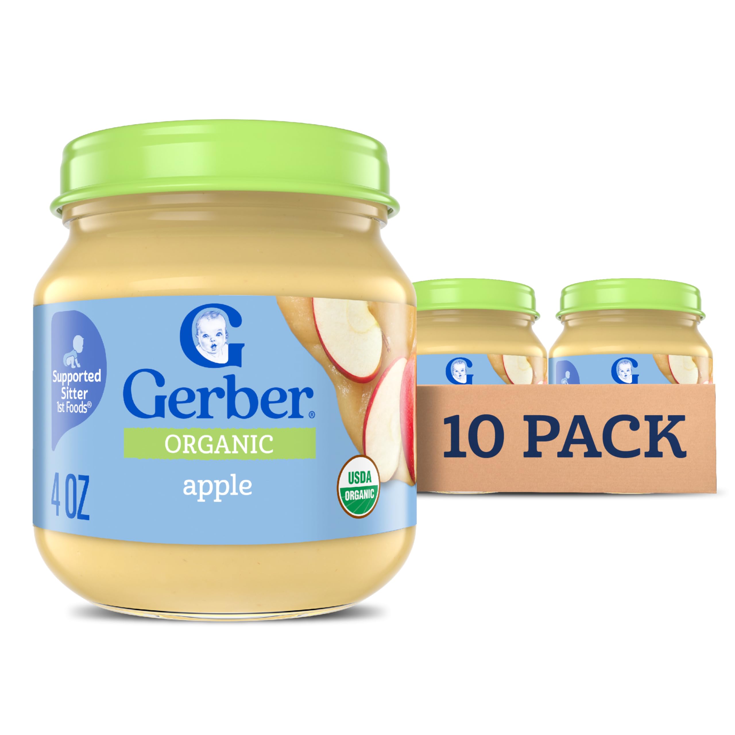 Stage 1 Baby Food, Organic Apple Jar, Fruit Puree, Vitamin C, Non-GMO, Baby Food Fruit, Puree Jars Glass, 10-pack