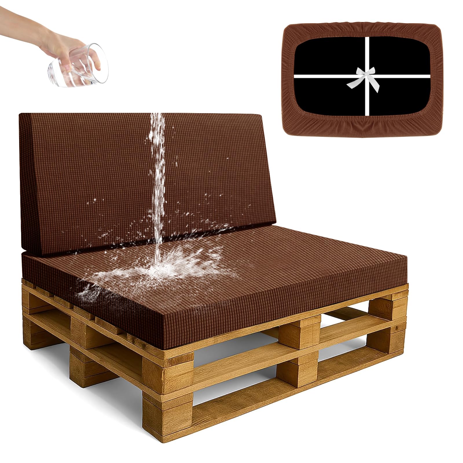 SYLC Waterproof Pallet Cushions Covers, Stretch Cover for Pallet Furniture Cushions with 4 Ties, Outdoor Corner Sofa Covers for Rattan Patio Garden Caravan (Rustred,2 PCS(1 Seat+1 Back))