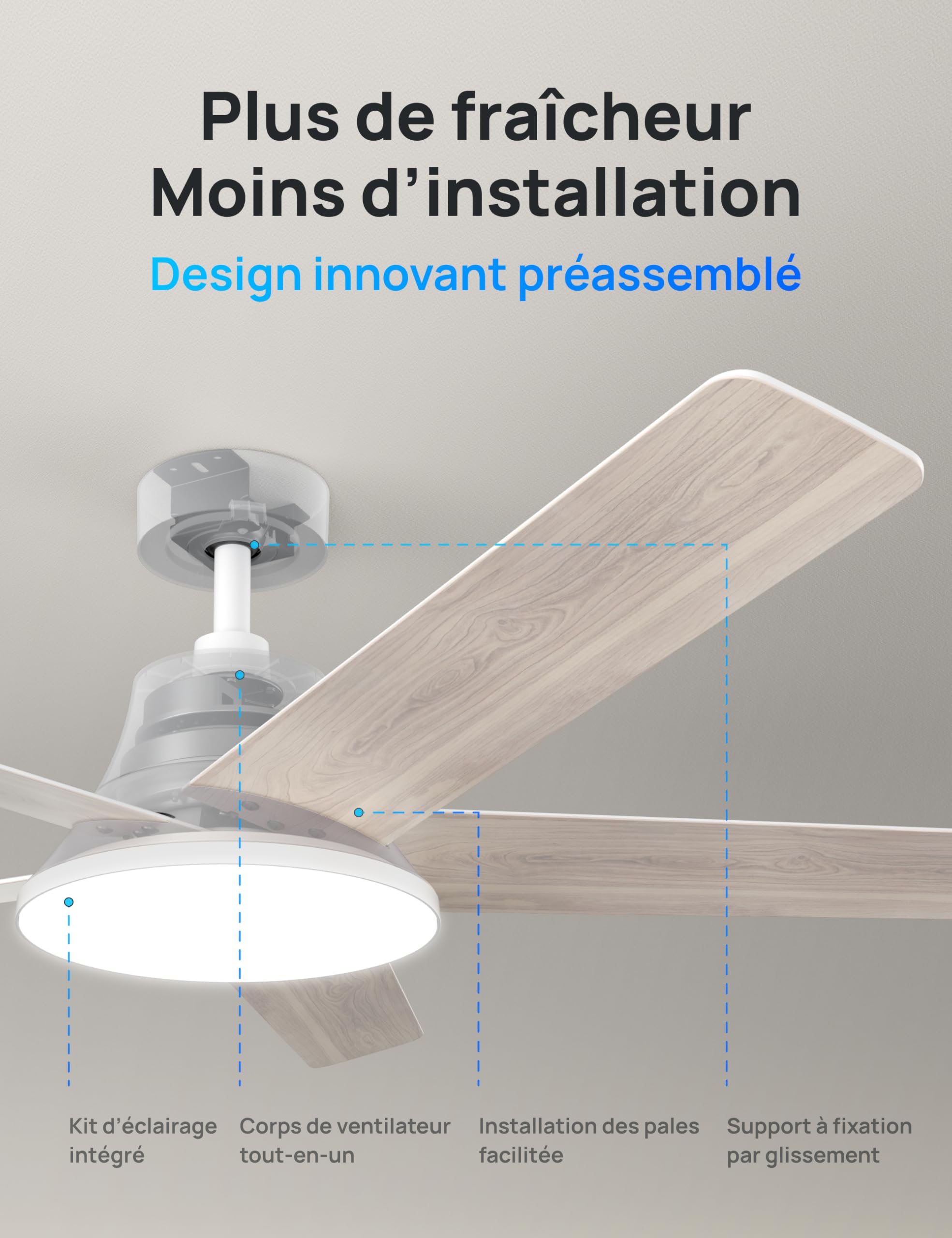 DREO ventilateur de plafond intelligent 132cm LED dimmable 12 vitesses moteur DC silencieux télécommande APP Alexa blanc