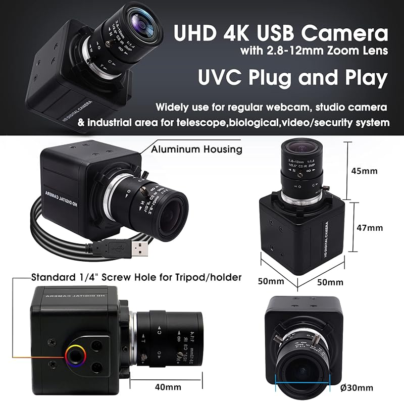 Svpro 4K Webkamera Számítógéphez - 8MP Sony Szenzor, 5X Optikai Zoom, Manuális Fókusz, Széles Látószög, USB Csatlakozás Zoom/Skype/YouTube K