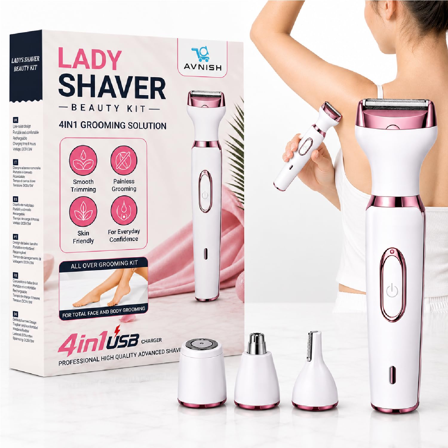 AVNISH 4-in-1 Multi Trimmer for Women Shaver Electric Facial Razor, Rechargeable Cordless Multipurpose Hair Remover Shaver Face, Leg, Eyebrow, Underarms, Bikini Trimmer, 60 minutes Runtime, White