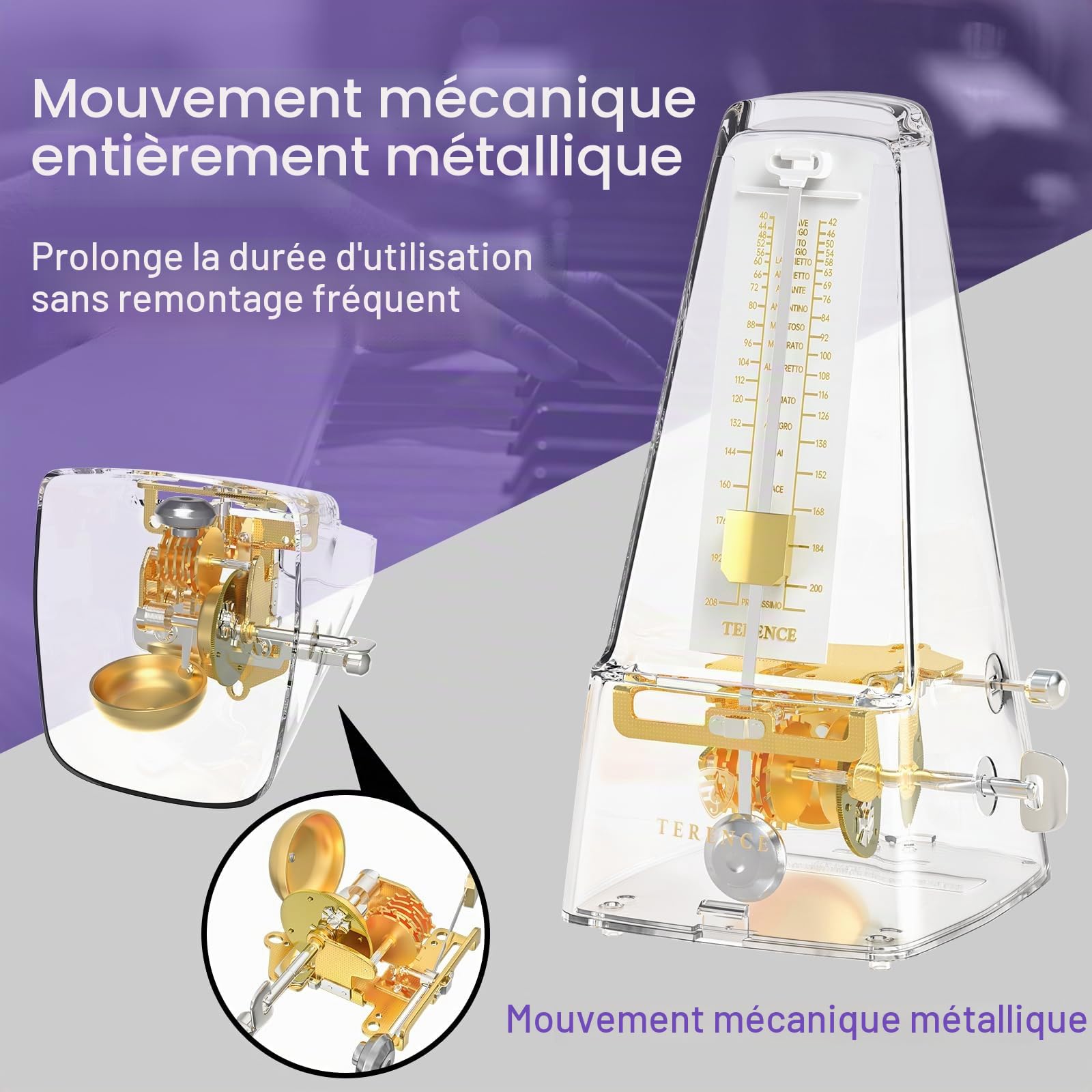 TERENCE Métronome Mécanique avec Minuterie et Tempo Précis Métronome en Métal Pour Guitare Piano Guitare Basse Tambour Violon Transparent