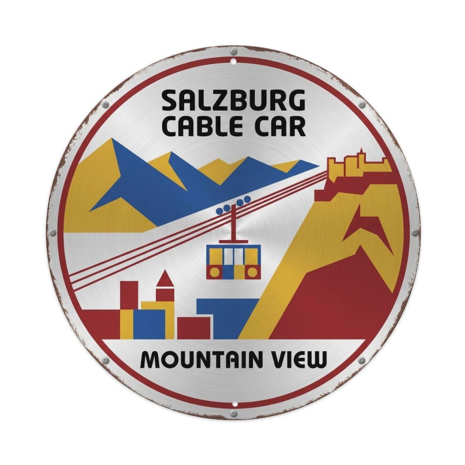 Vintage Travel Cable Car Austria Metal Tin Sign Plaque Wall Decor for Cafe, Club, Garden Round Metal Poster 8x8Inch