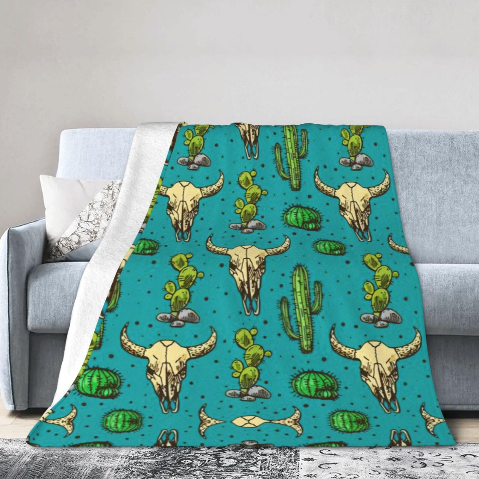 Soft Cosy Fleece Warm Throw Cute Cactus And Skull Of Bull Print Blanket