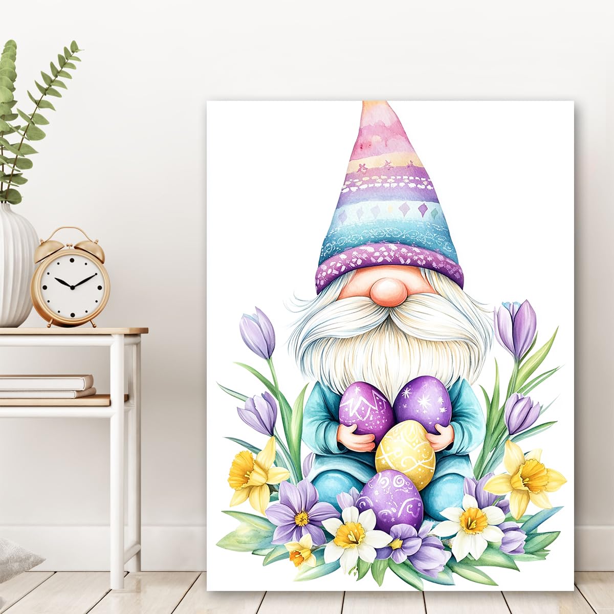 TOANGWALL Enanos vibrantes sosteniendo huevos Estampado en lienzo Flores moradas Imágenes Estampado Diseños pastel de sombrero Obras para biblioteca Salón Decoración del hogar 60x90cm