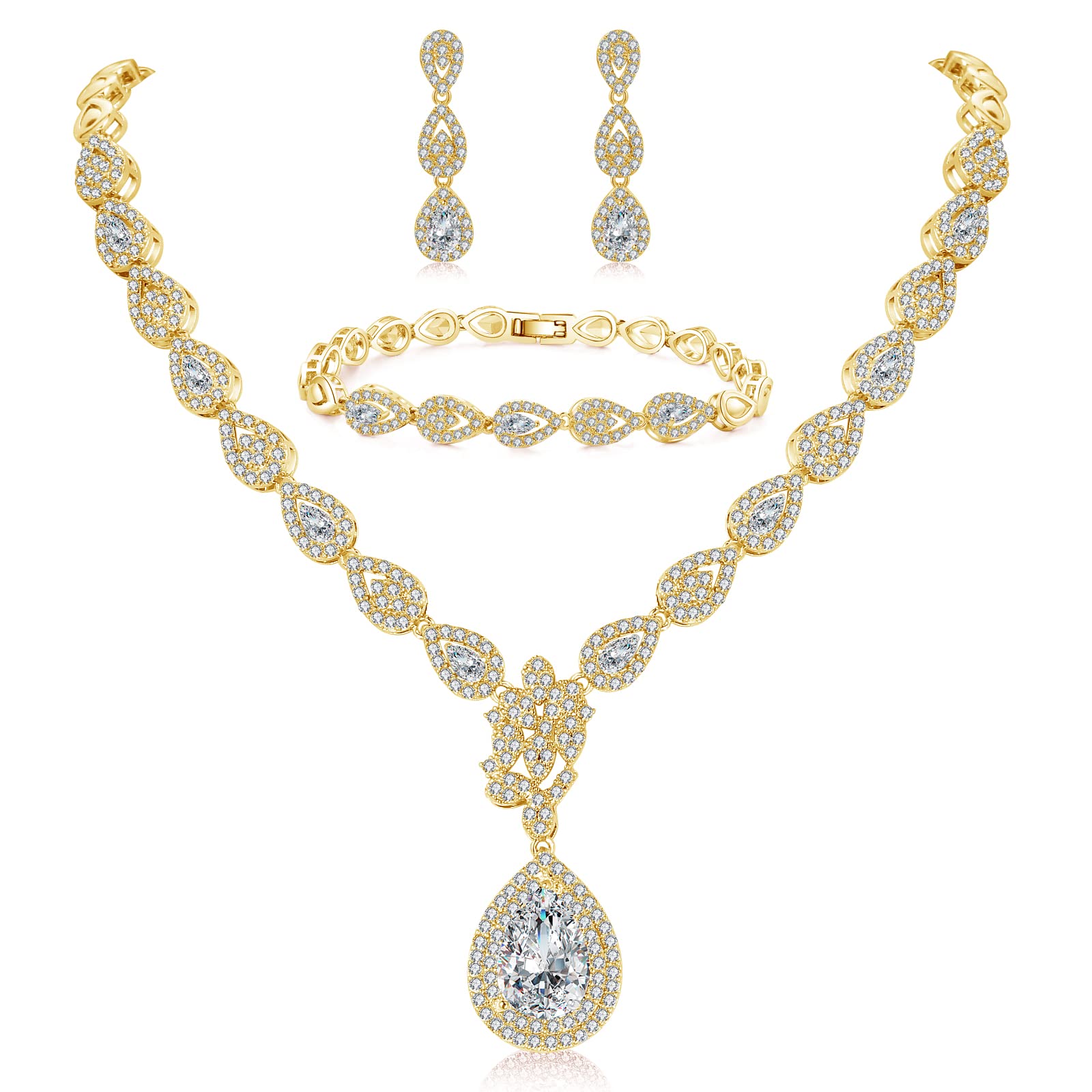 Juego de joyas de boda para mujer, pulsera, collar y pendientes de lágrima de plata con circonita cúbica, juego de joyas chapado en circonita cúbica para novia para boda con caja de regalo
