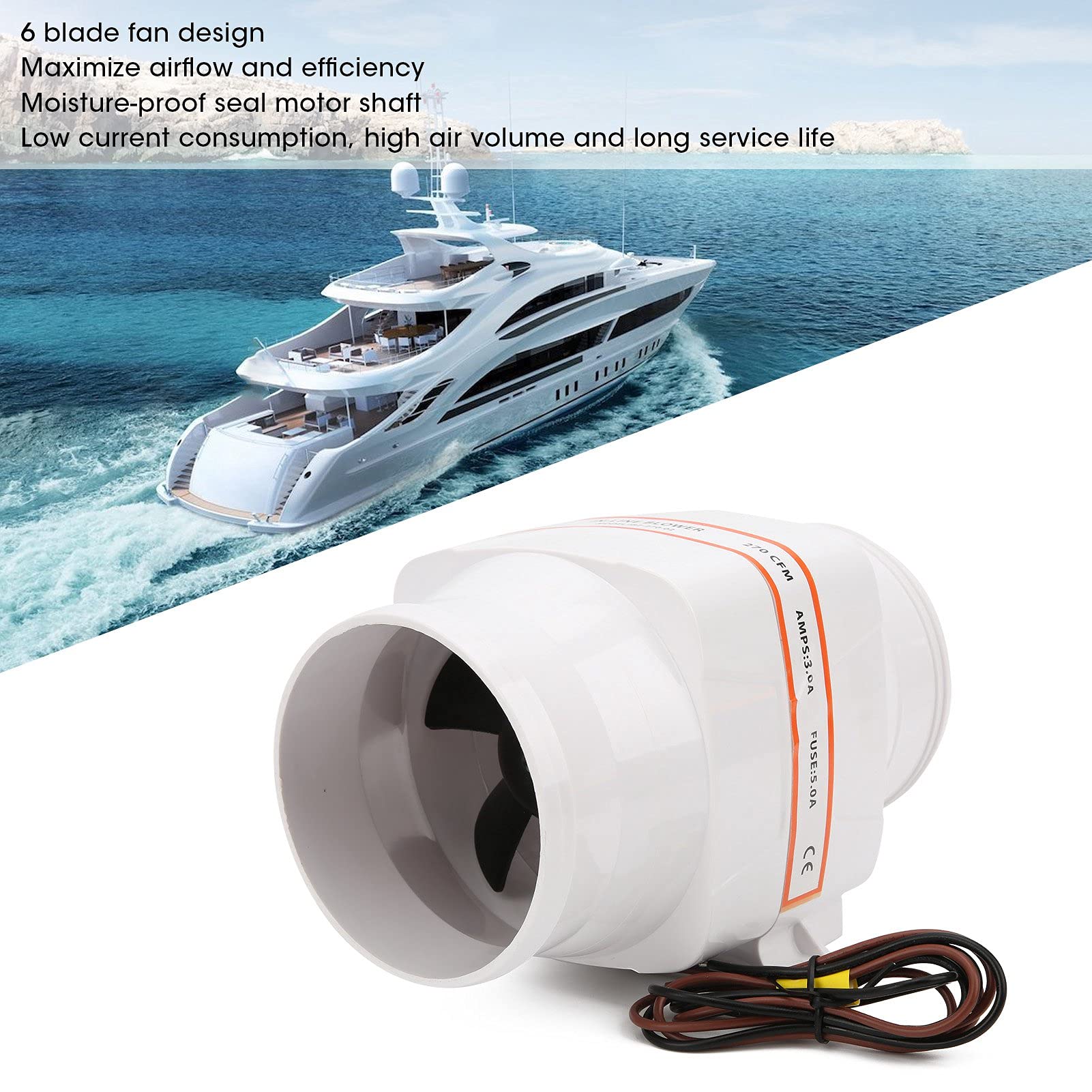 Soplador de Aire de Sentina, Soplador de Aire de Barco de 24 V, Ventilador de 6 Aspas, Blanco, 4 Pulgadas, 270 CFM para para Sentina para Compartimento de Motor para Cocina