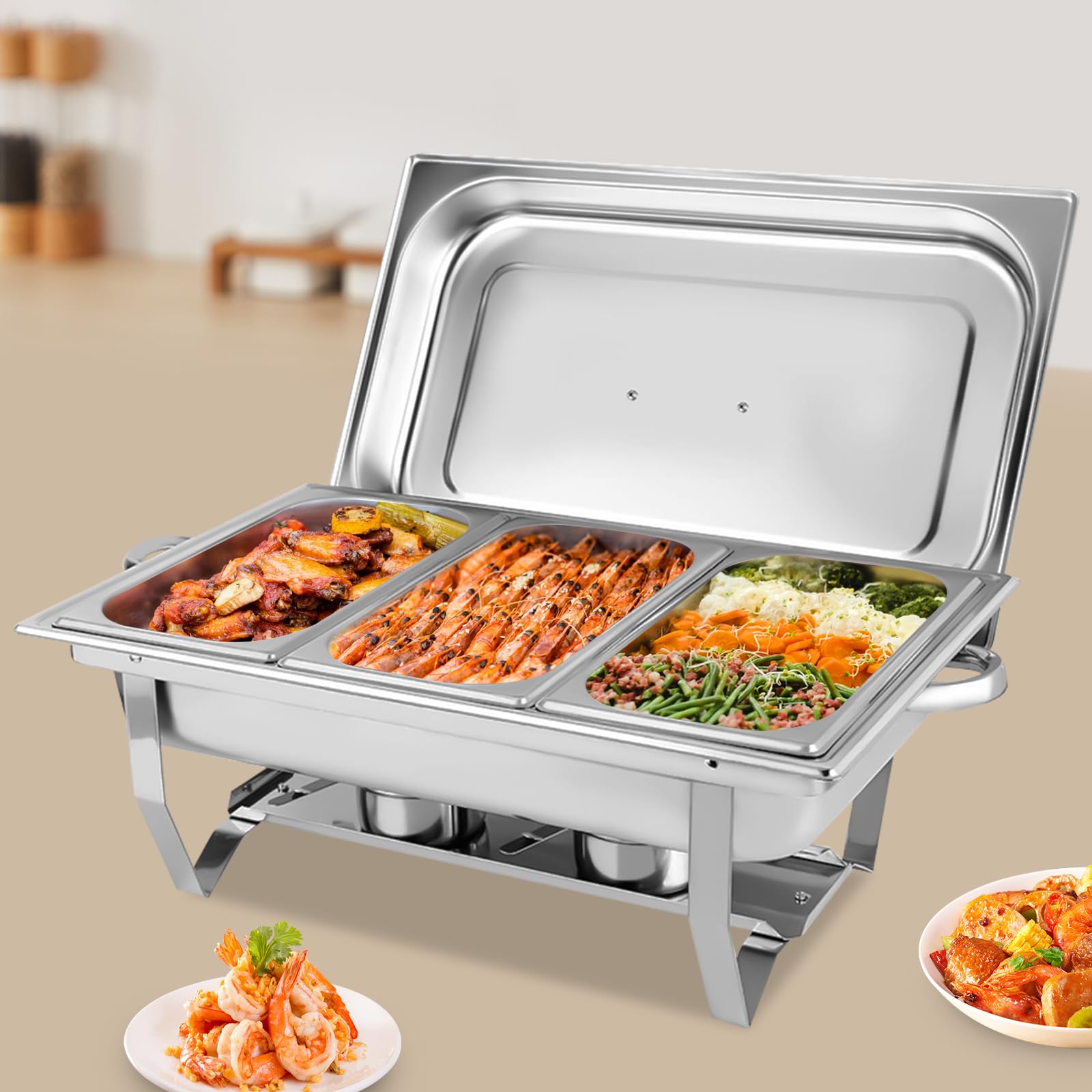 3 Grid Chafing Dish, 9 l podgrzewacz do potraw ze stali nierdzewnej, pojemnik utrzymujący ciepło, pojemnik na ciepło, do podgrzewania potraw, do cateringu, bufetu i na imprezę