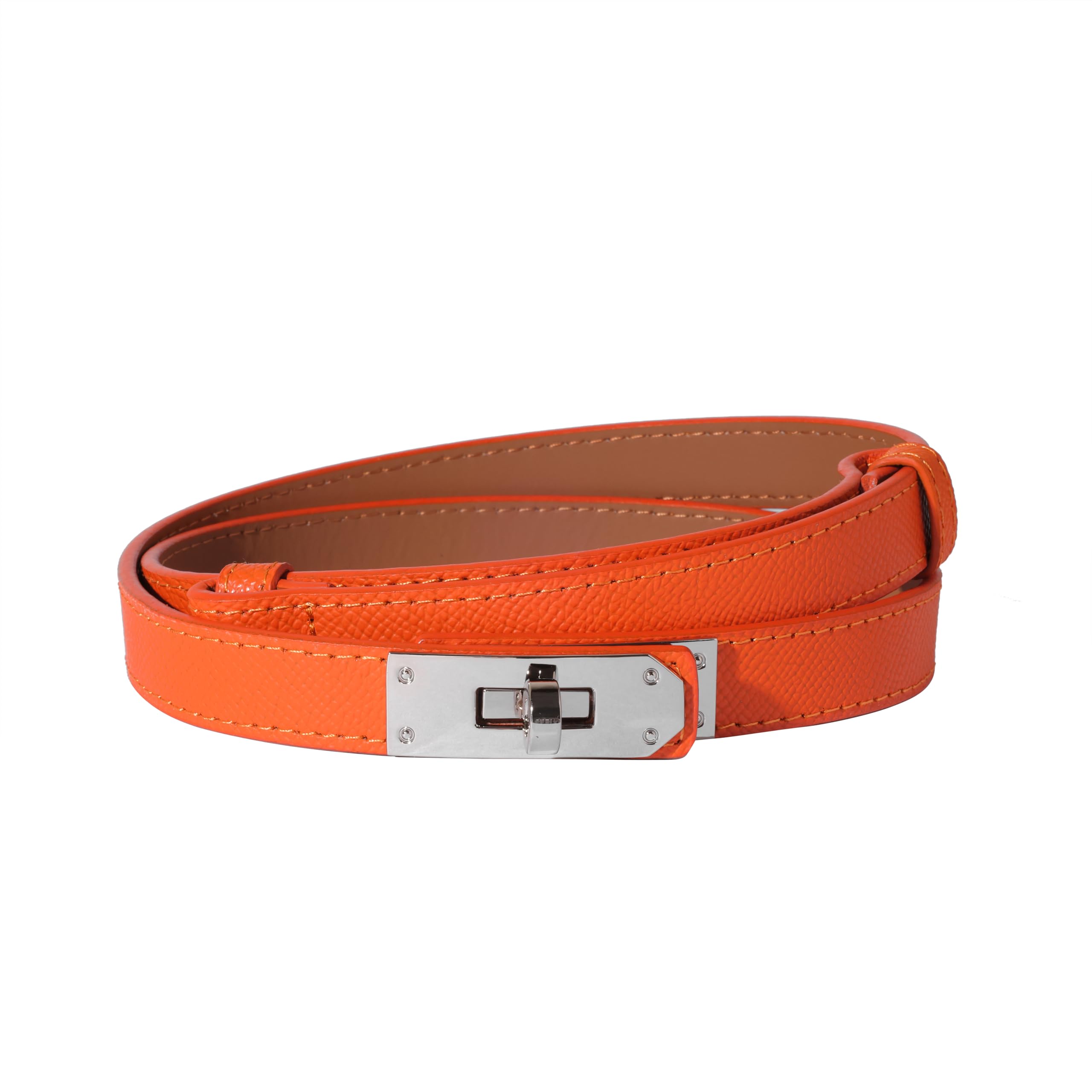 Ovekaut Women Skinny Leather Belt Solid Color Alloy Turn Lock Adjustable Waistband for Dresses Jeans Coats, Orange/ Silver, Adjustable