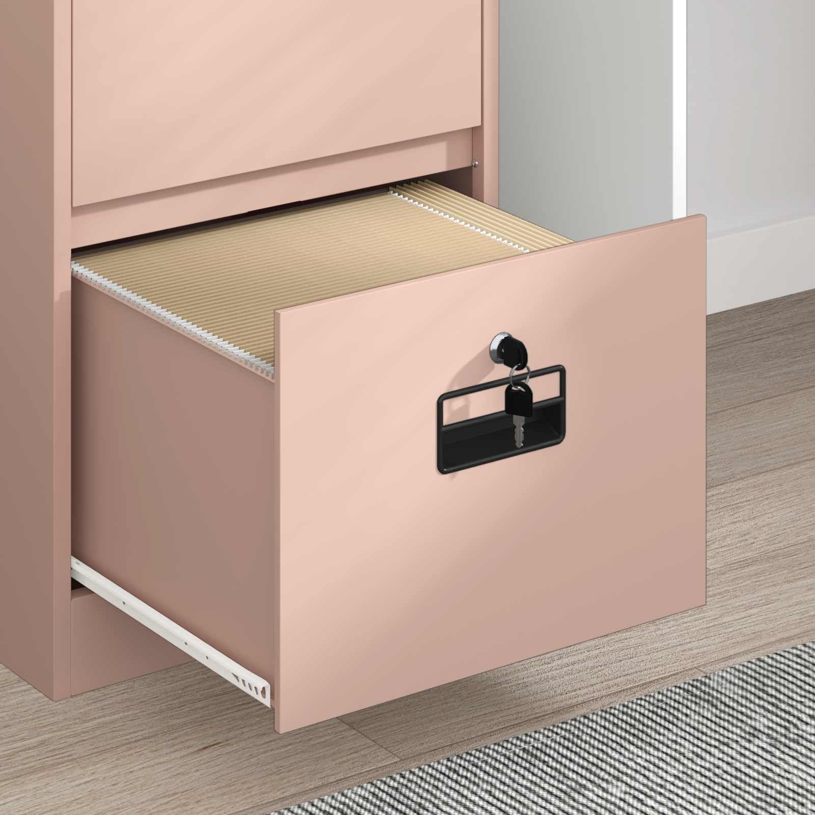 Armoire de Rangement Rose avec 3 Tiroirs en Acier Laminé à Froid Dimensions 45,5 x 42 x 106,5 cm pour Bureau Chambre Studio avec Serrures Sécurisées et Étagères Coulissantes