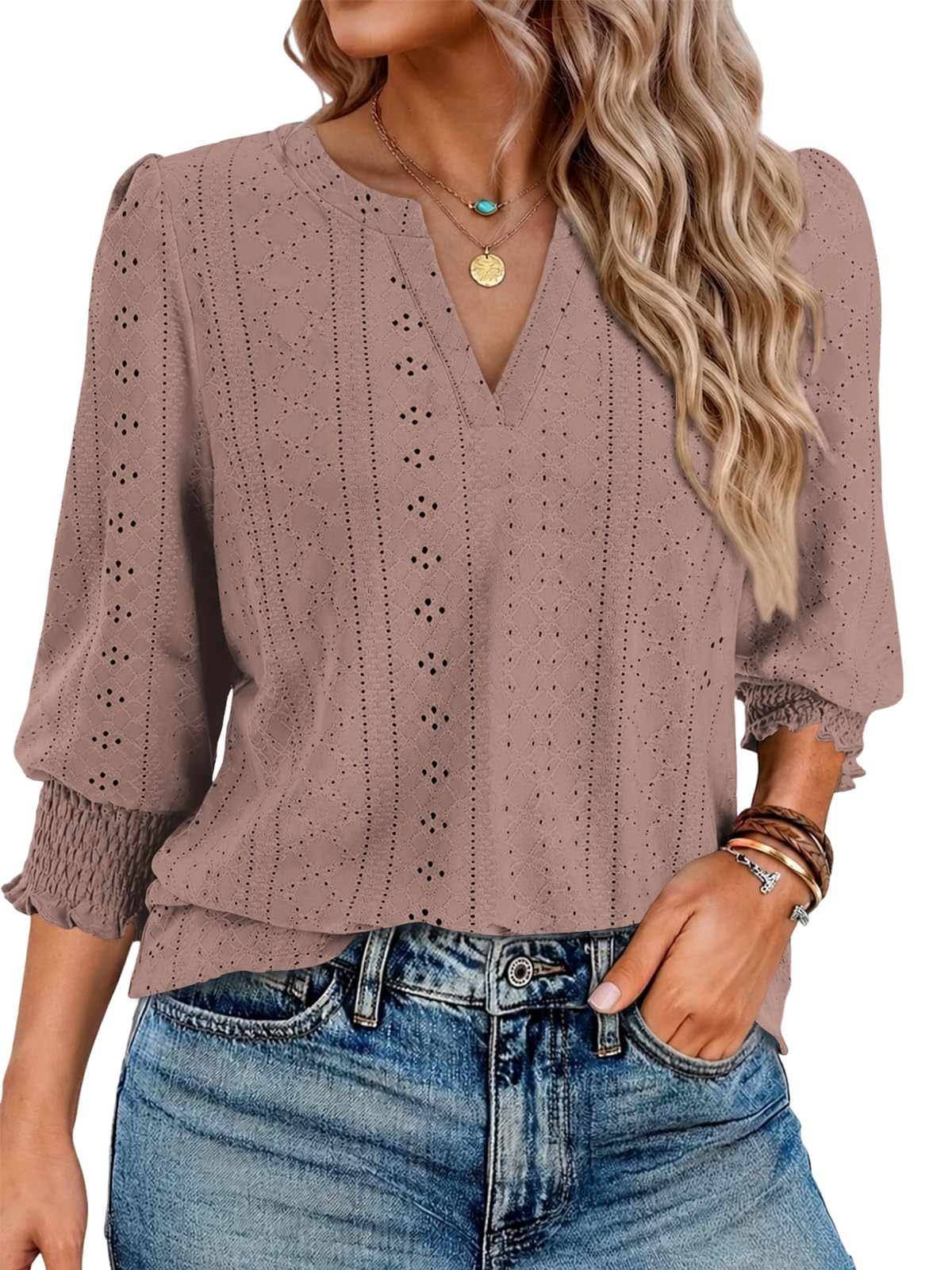 Cuptacc Bluse Damen Elegant 3/4 Arm V Ausschnitt Lochstickerei Top Casual | Shirt,Locker,Gesmokt Stulpe,Alltag,Freizeit,Frühling,Zeitlose,Tunika,Leicht
