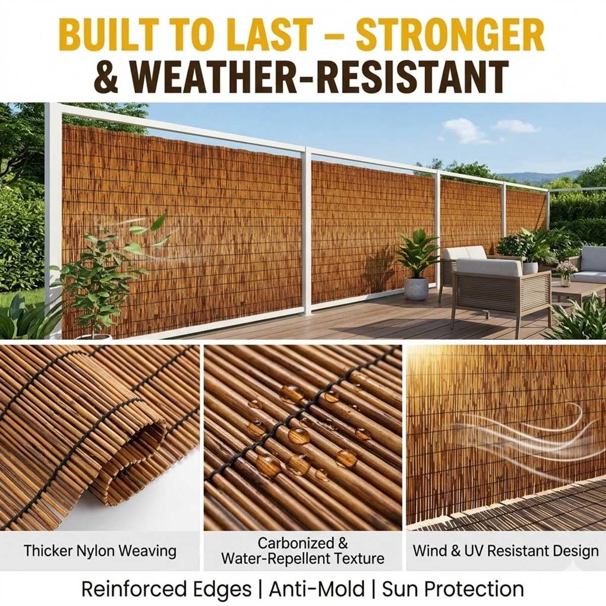 Copertura Privacy Per Terrazzo, Arella Frangivista In Canna Naturale, Alto 40cm-160cm Rete Ombreggiante E Frangivista Esterno Bambù, Recinzione Resistente Al Vento.(H110xL300cm)