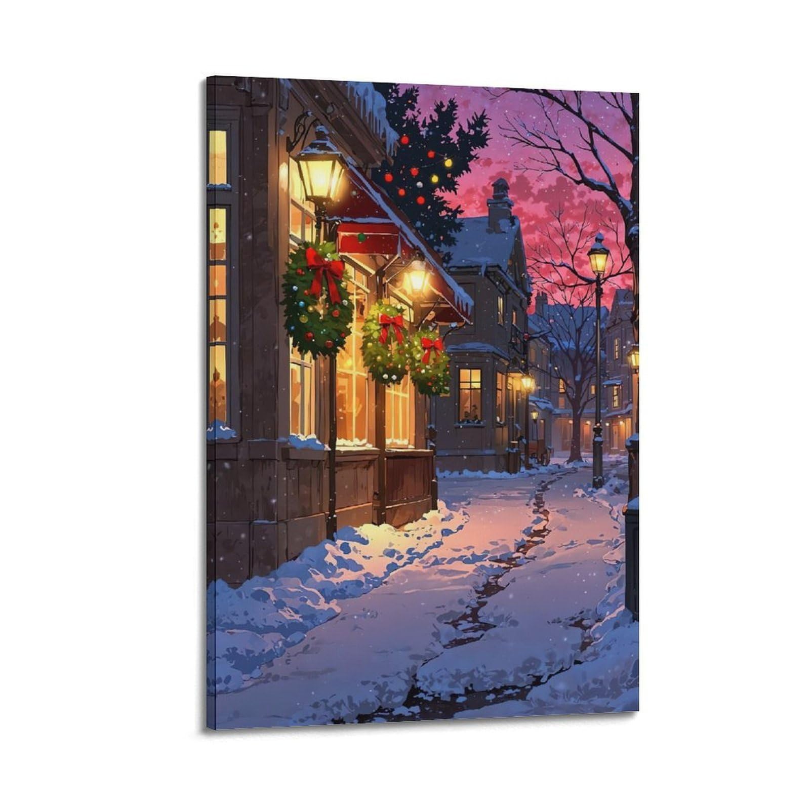 CWLLOG Stampe su tela da parete, poster per festival, Natale, città innevata, illustrazione moderna per soggiorno e camera da letto, decorazione artistica da 40 x 60 cm