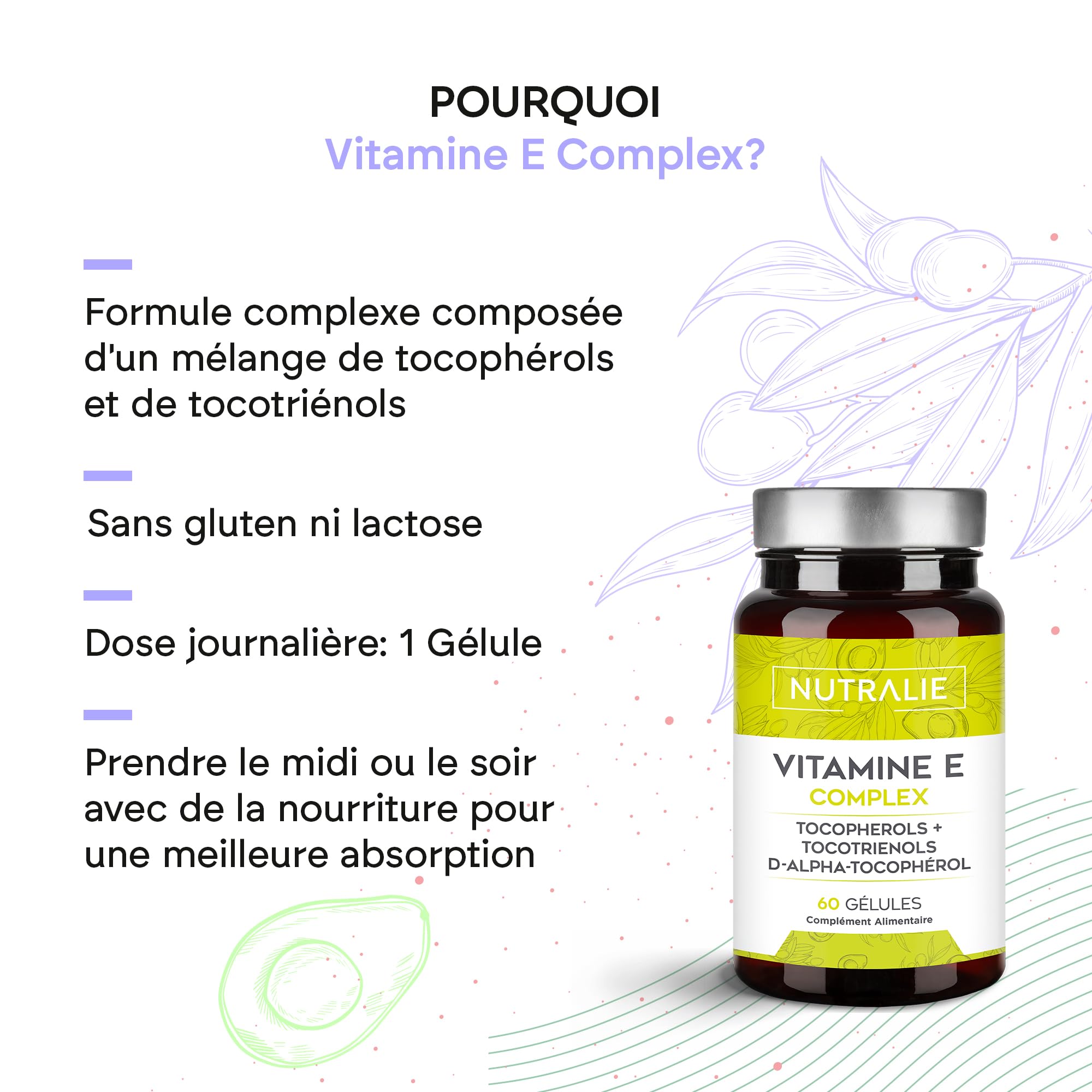 Vitamine E - Antioxydant - Tocophérols et Tocotriénols - Protège les Cellules contre le Stress Oxydatif - 60 Gélules Vitamin E Complex Nutralie