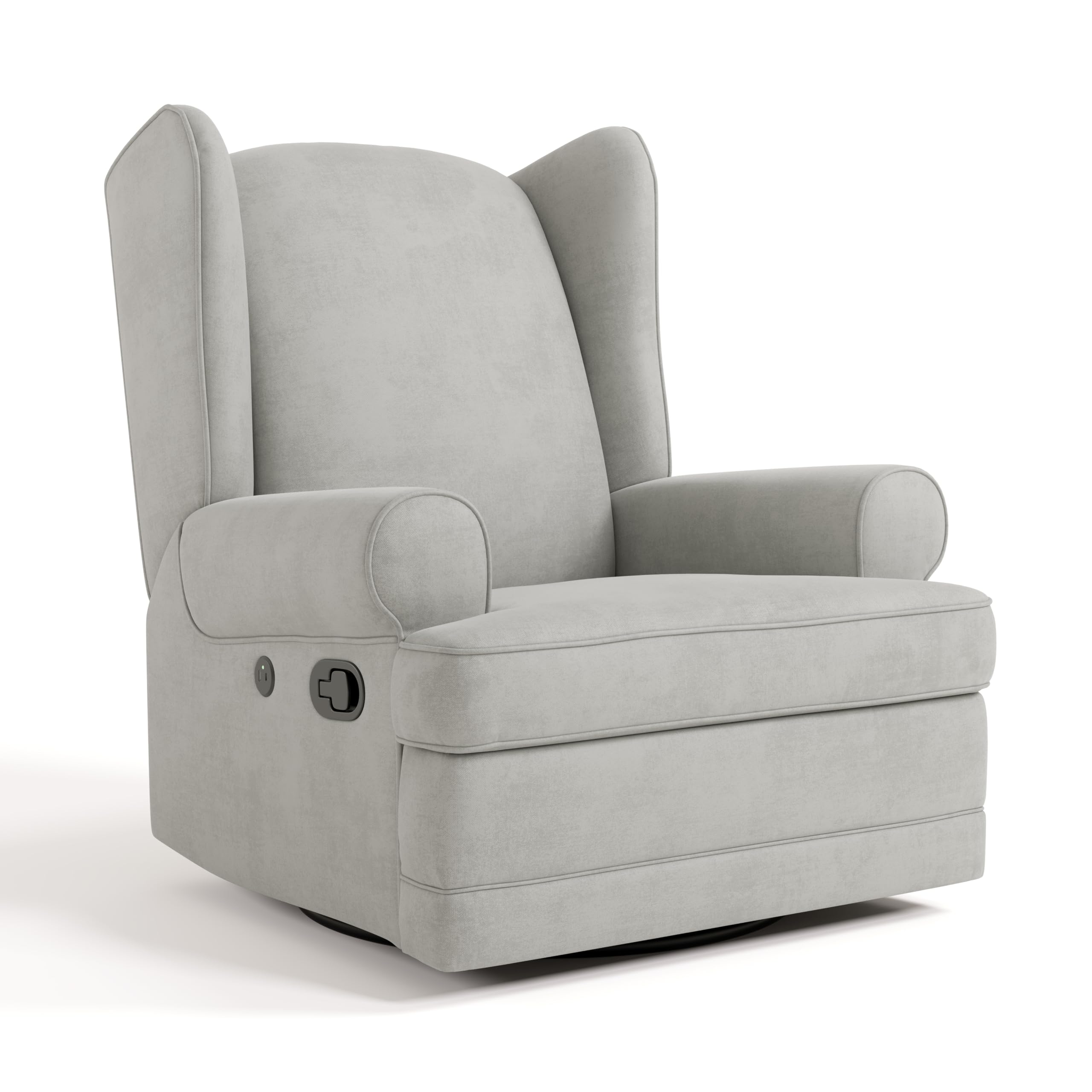 Storkcraft Serenity Upholstered Swivel Glider with USB Charging Port (Steel) – Fully Upholstered Wingback Nursery Glider Recliner with Manual Recline Function, 2 USB Charging Ports, 360 Swivel Base