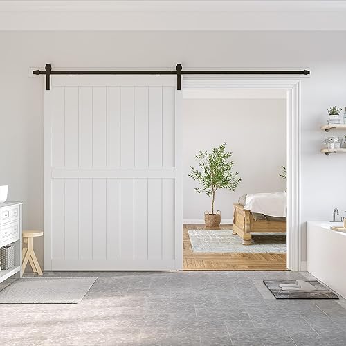 Miniatura 2 de SmartStandard Puerta de granero blanca de 60 x 84 pulgadas, losa de puerta corrediza MDF sin doblez, revestimiento de PVC impermeable, solo puerta