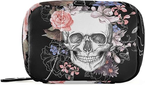 Naanle Pastillero de acuarela con diseño de calavera y flores de 7 días, bolsa organizadora de píldoras de viaje con cremallera, funda semanal