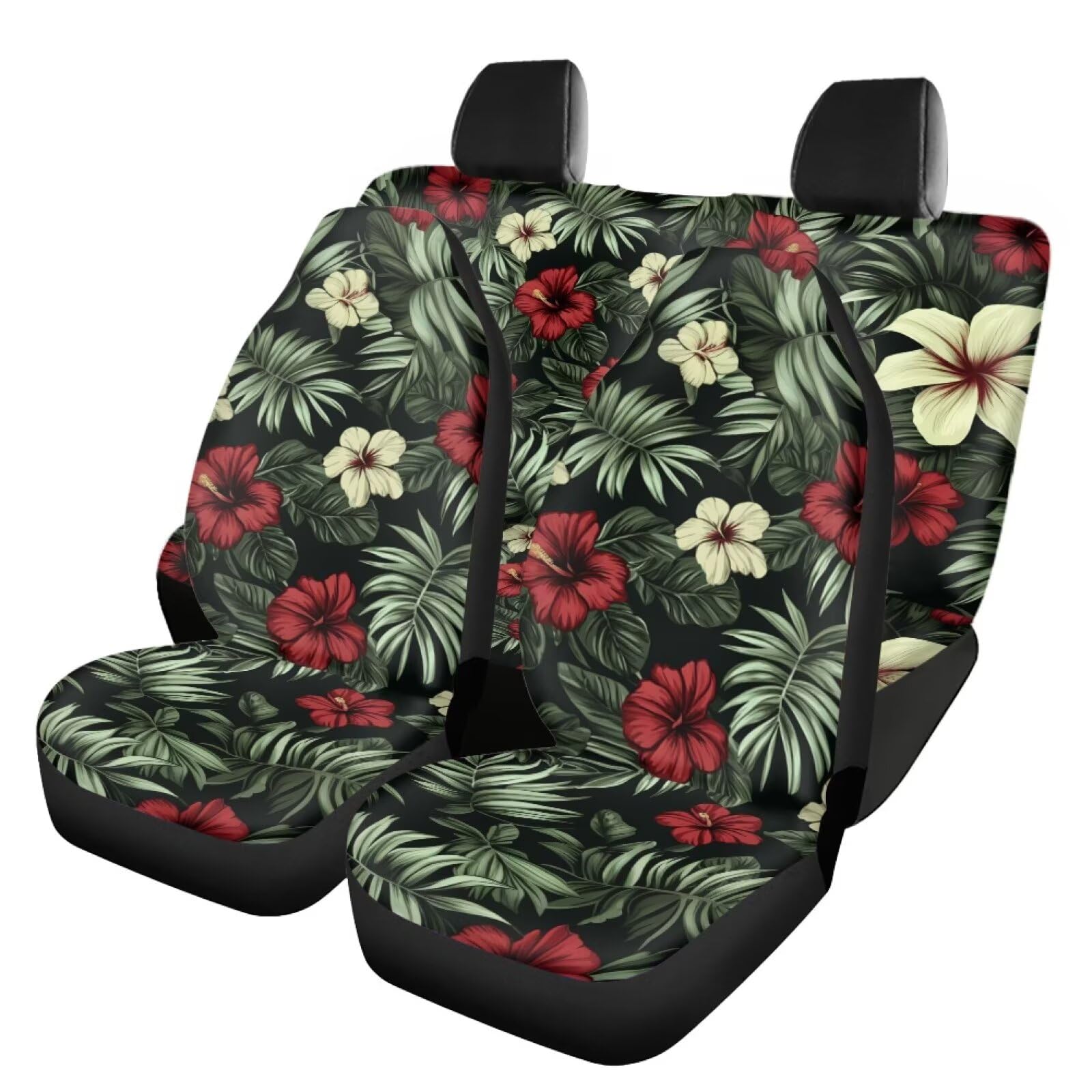 Dreaweet Tropical Car Seat Covers Full Set for Women Green Palm Leaf and Hibiscus Print Seat Covers Front and Back 4 Pack Carseat Protector Car Seat Cover Universal Fit Most Cars SUV Sedan