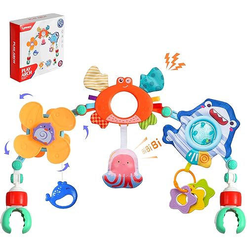 Baby Stroller Arch Toy, Car Seat Toys, Adjustable Arch Stroller toy with Hanging Sensory Activity toys,fits on Baby Bouncer, Bassinet, Stroller, Crib and Car Seats for baby infant Boy Girl 0-18 Months