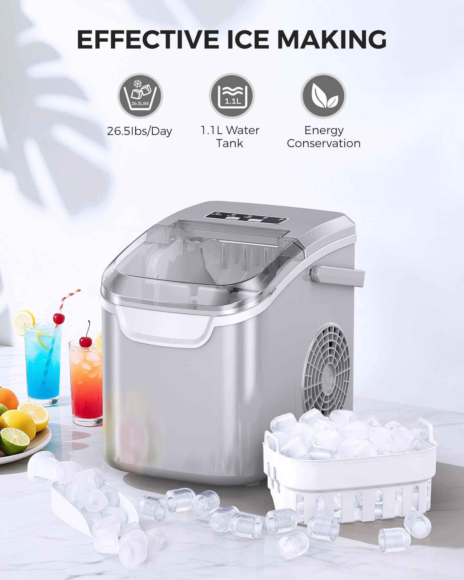 COWSAR Ice Maker Countertop, Portable Ice Machine with Self-Cleaning, 26.5 lbs/24Hrs, 8 Ice Cubes in 6 Mins, Ice Basket and Scoop, Ideal for Home, Kitchen, Bar, Camping on Fridge.com
