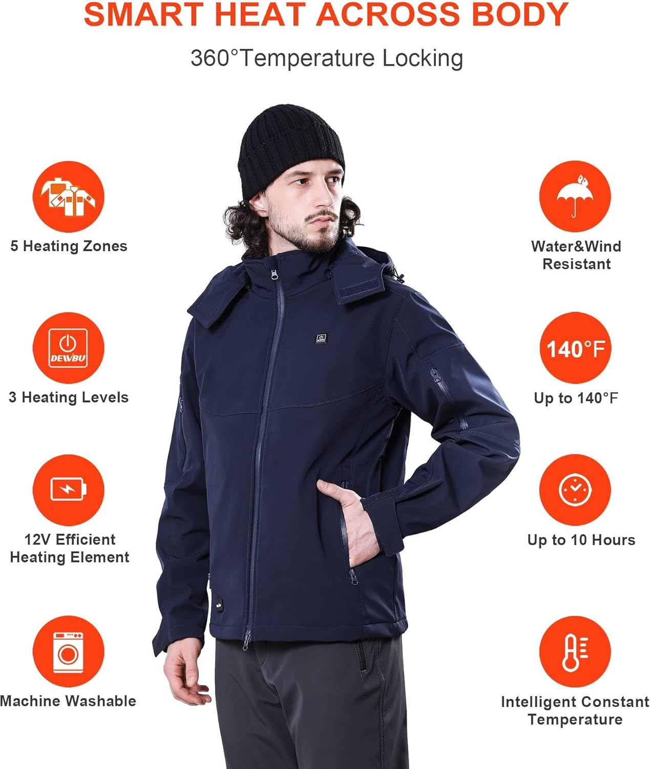 DEWBU Soft Shell Heated Jacket for Men with 12V Battery Pack and Detachable Hood Outdoor Electric Heating Coat - Image 2