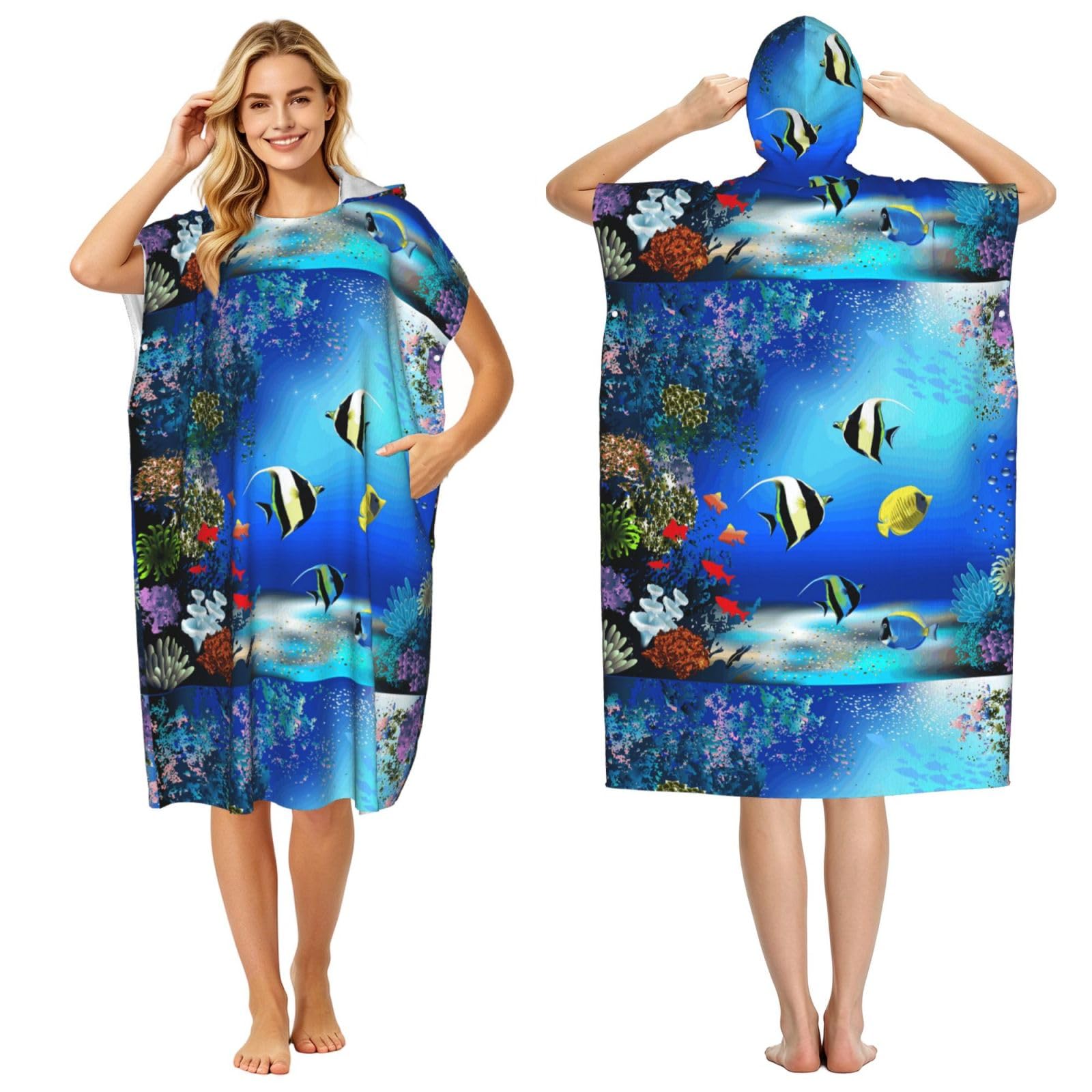 Poadnly Fish Plants Tropical Marine Nature Life Seaweed, Adult Hooded Beach Towel 90 x 110 cm,Changing Bath Robe, Surf Poncho Towel For Women Men