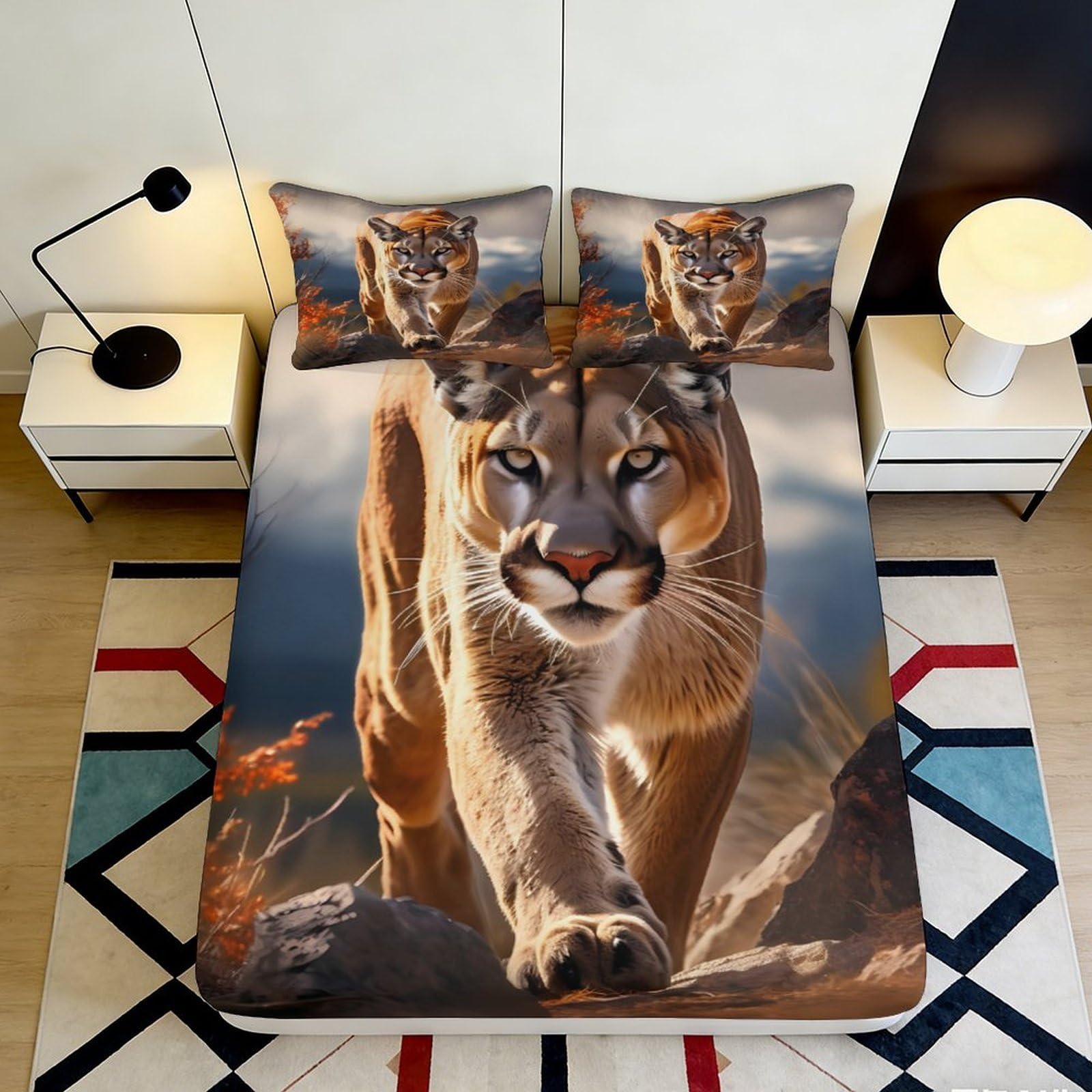 Pnayamiorkfel Style-6 3D Printed Wild Mountain Lion Fitted Sheet Microfiber Soft Durable Jungle Cat Bed Sheet For Bedroom Guest Room Decor 90X200x25cm
