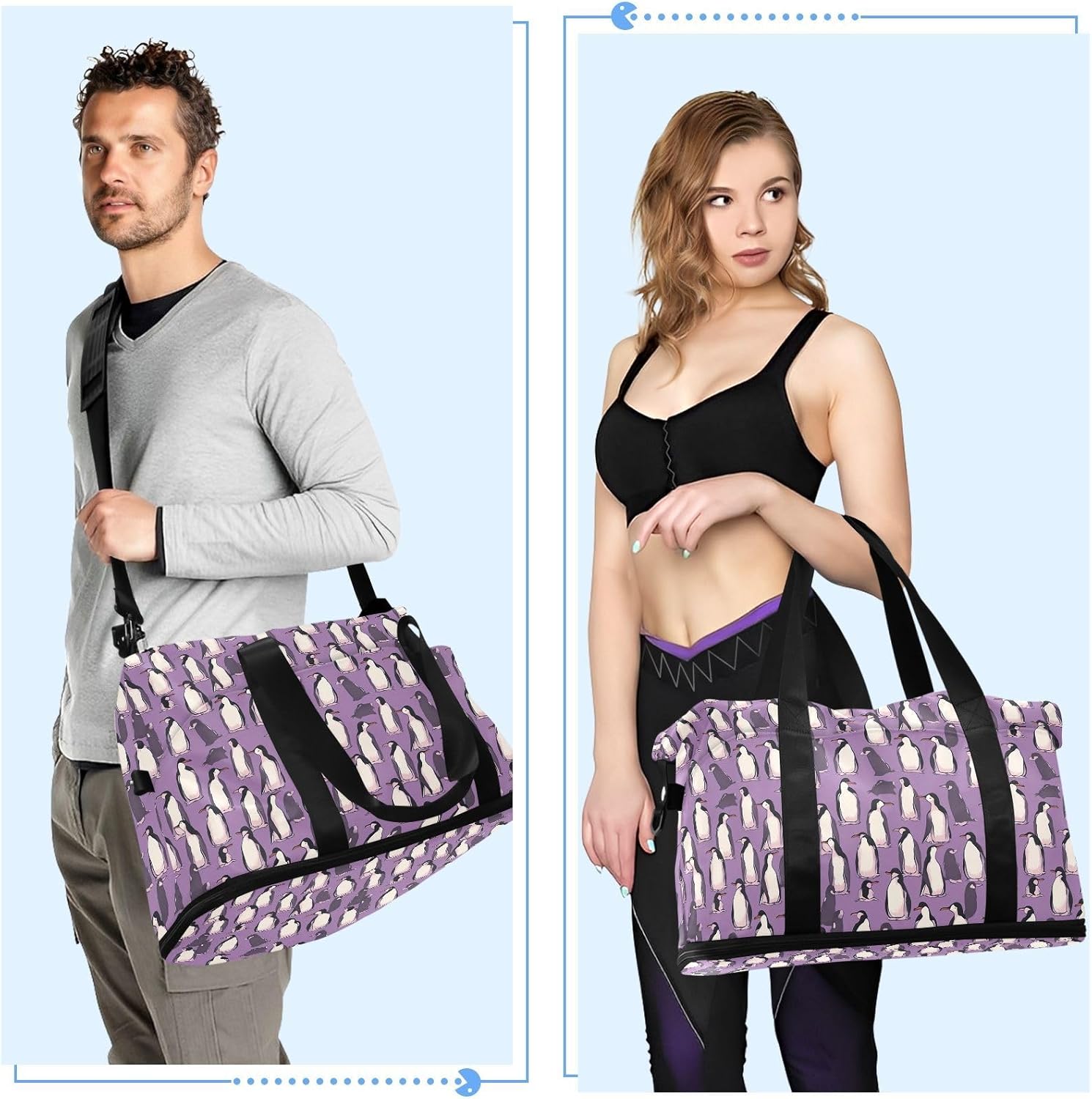 Purple Penguins Sports Gym Bag with Waterproof Dry Wet Pocket, Travel Duffel Bag for Women Men，Workout Bag Fits Yoga, Swimming